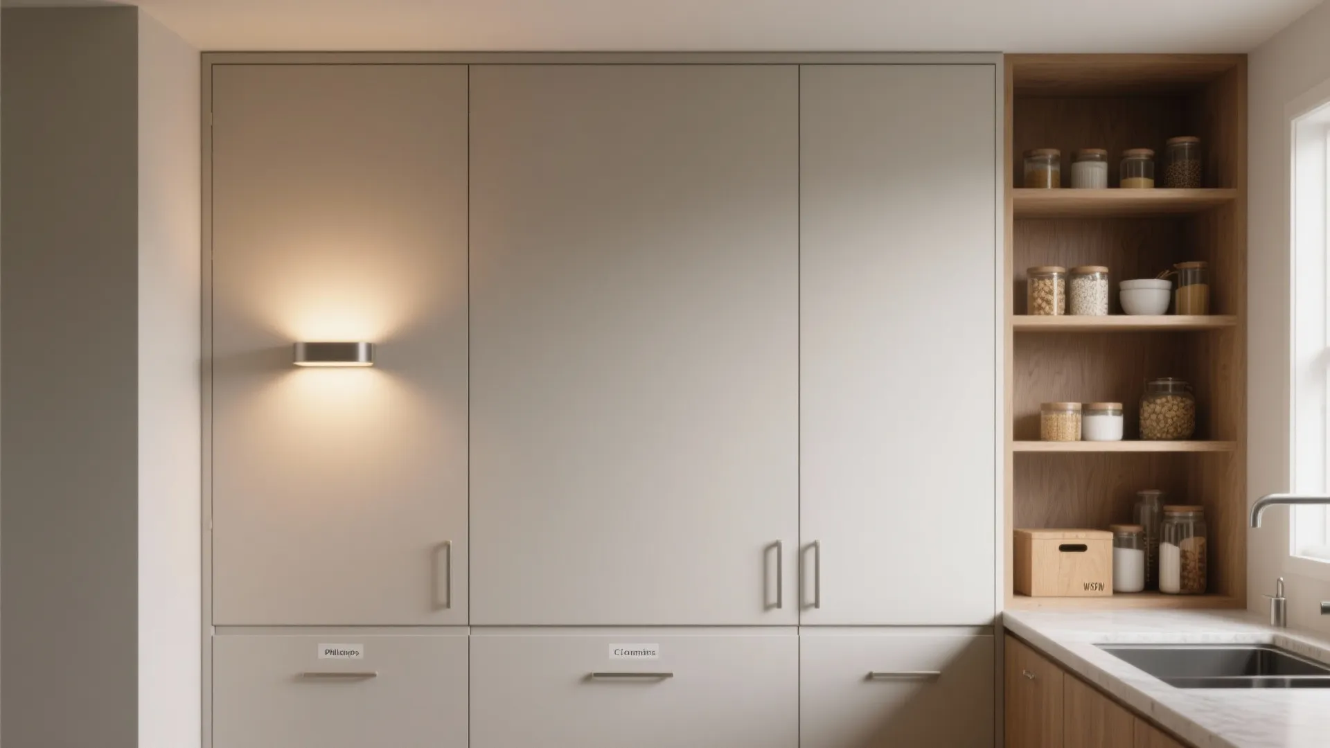 Warm wall-wash lighting grazes matte pantry doors, creating clean vertical storage.