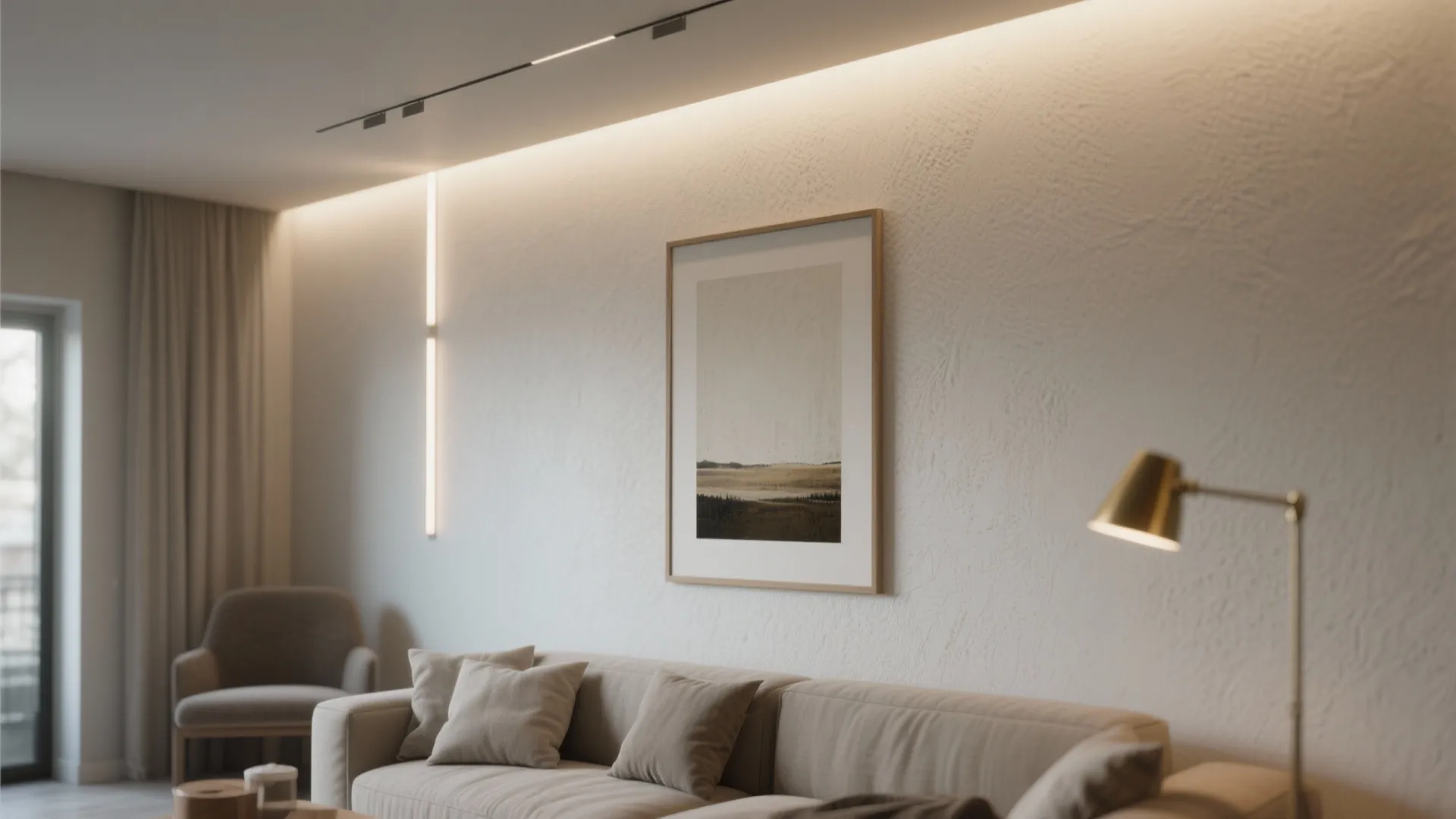 Modern living room wall with a framed picture, beige sofa and warm hidden ceiling light