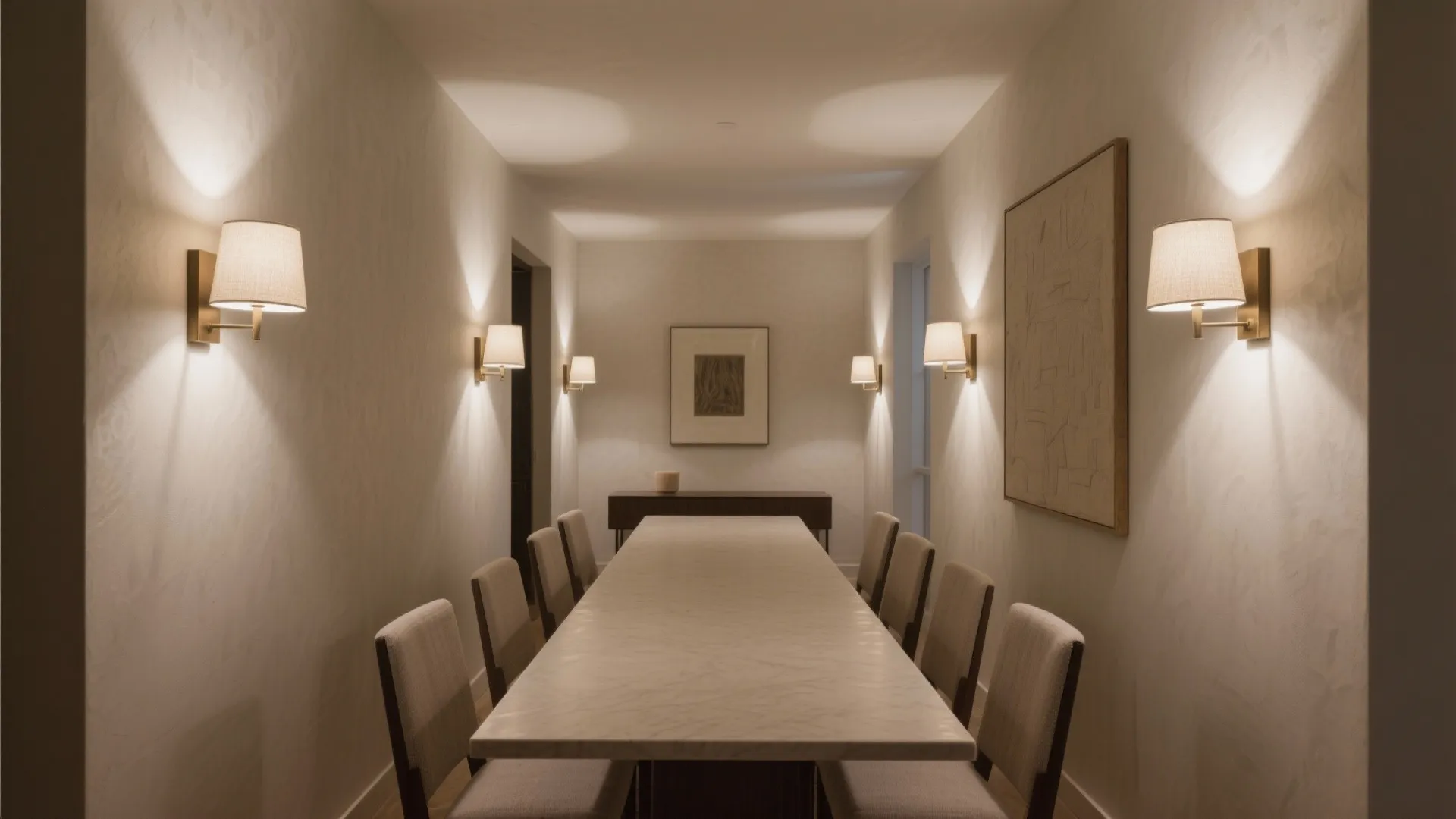 Long marble dining table with several chairs and multiple warm wall lights on white walls