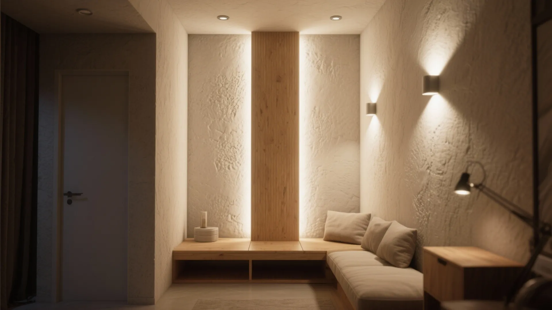 Small seating area with wood wall panel soft wall lights pillows and a simple floor sofa