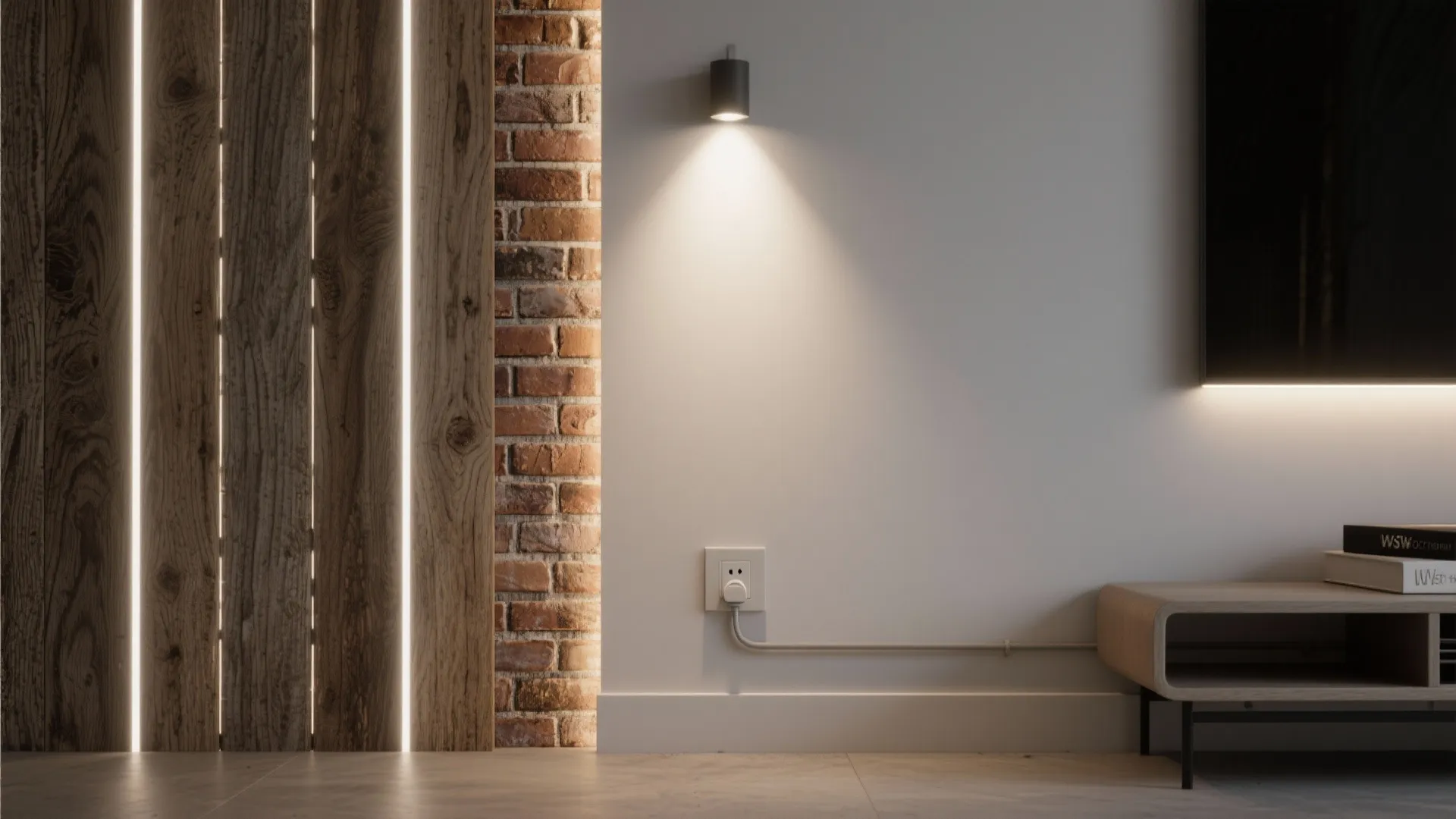 Plug-in up/down wall washer casting warm vertical light on textured wood and brick accent wall.