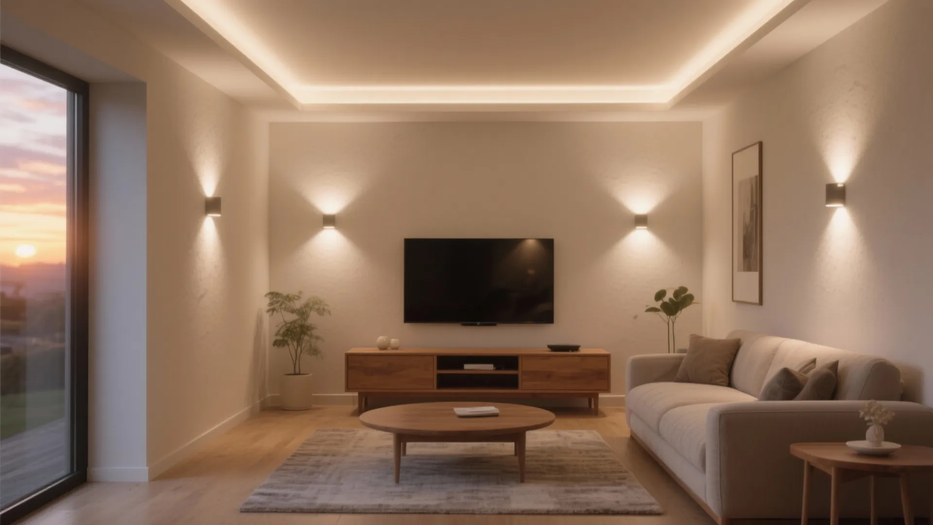 Perimeter wall washer sconces create a gentle halo and even ambient light in a small living room.