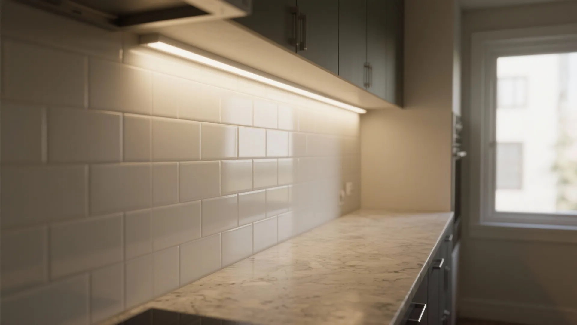 Kitchen under cabinet light strip illuminating a white tile wall and a marble stone countertop