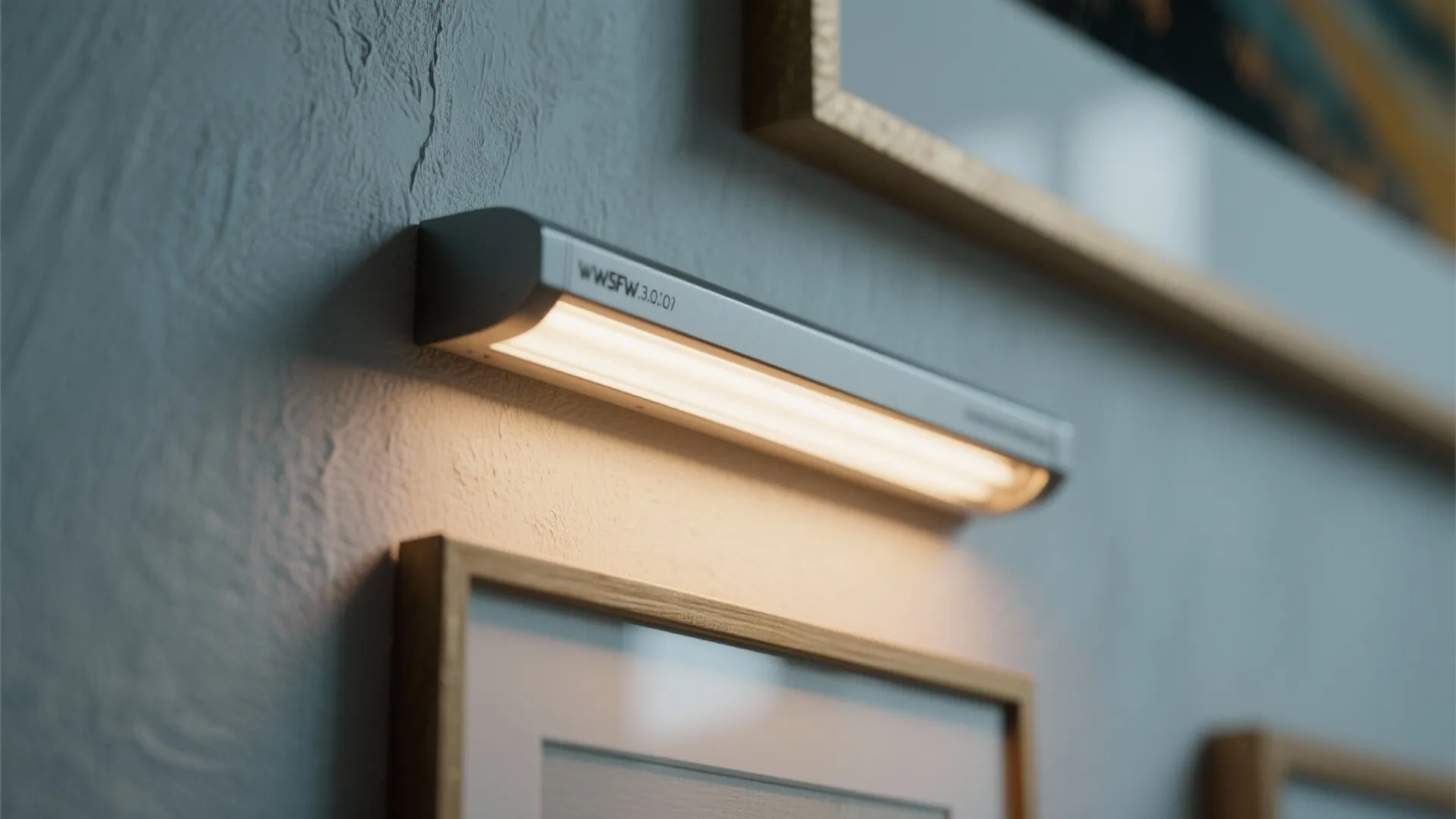 Close-up of recessed linear wall washer grazing artwork in a hallway niche with warm light.