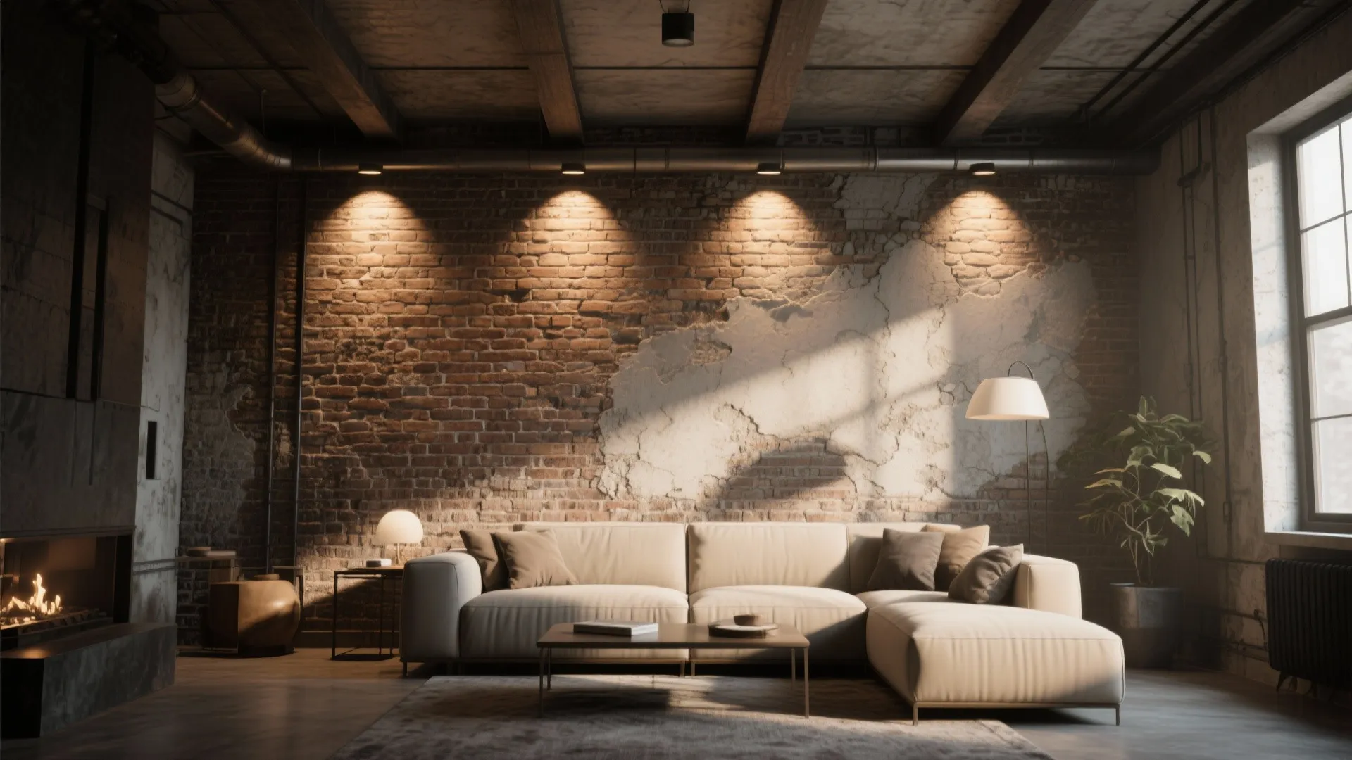 Textured brick wall in high ceiling living room lit by wall washers