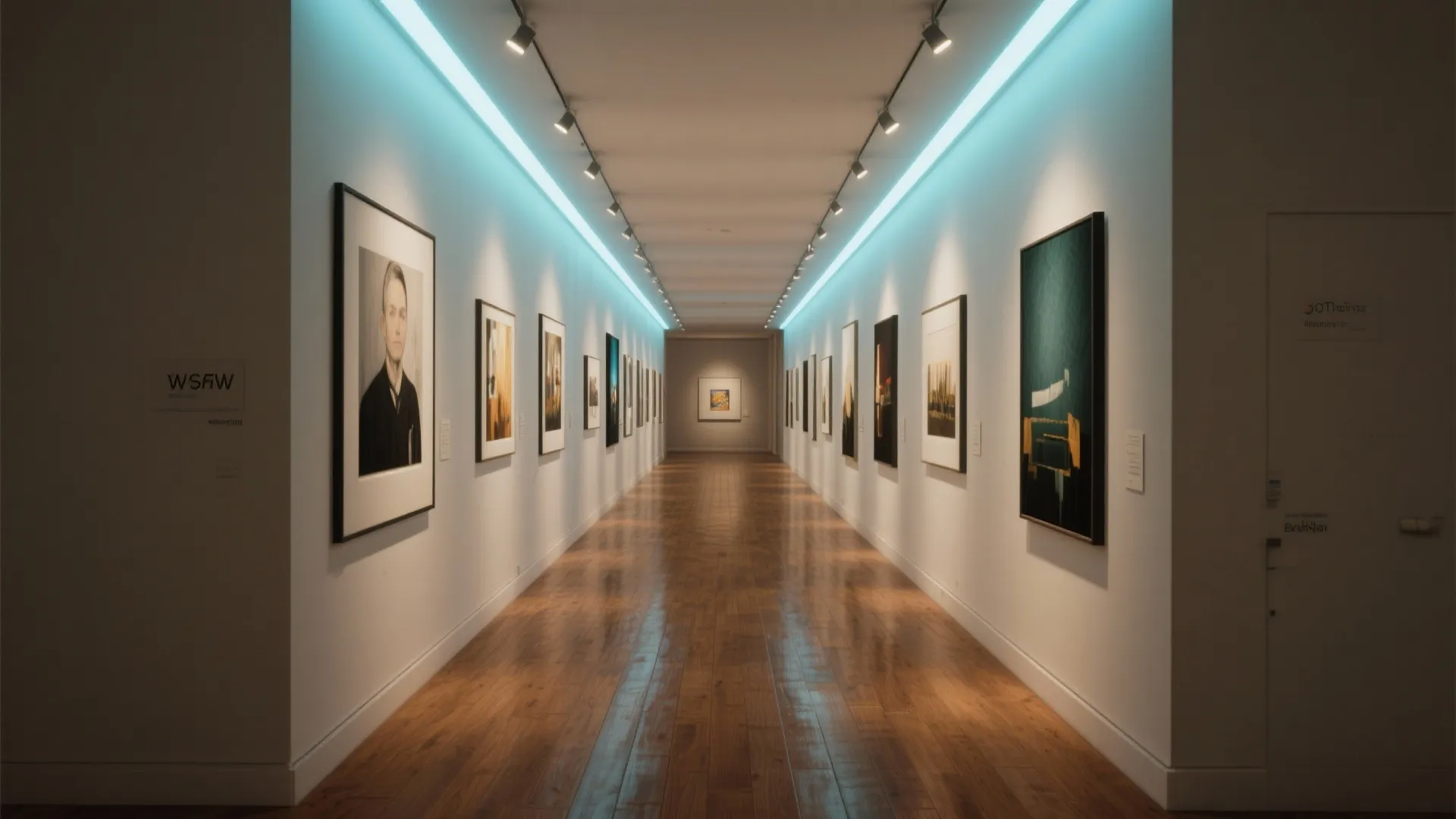Long hallway gallery with framed photos on white walls blue ceiling lights and wood flooring