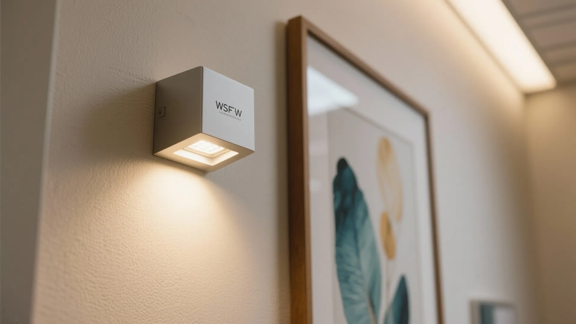 Modern white square wall light shining warm light onto wall next to a framed picture
