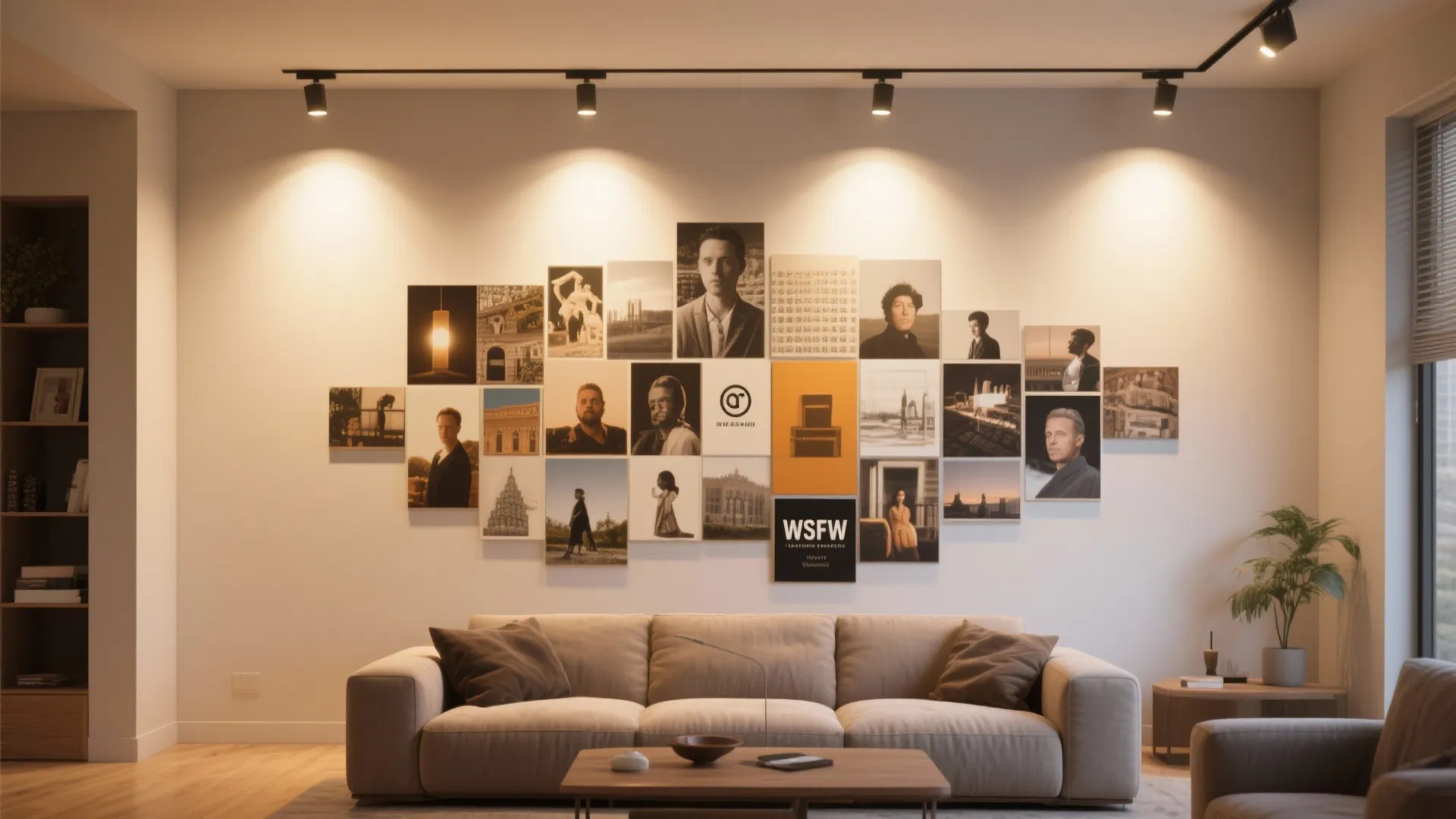 Modern living room featuring a photo gallery wall illuminated by black ceiling track light fixtures