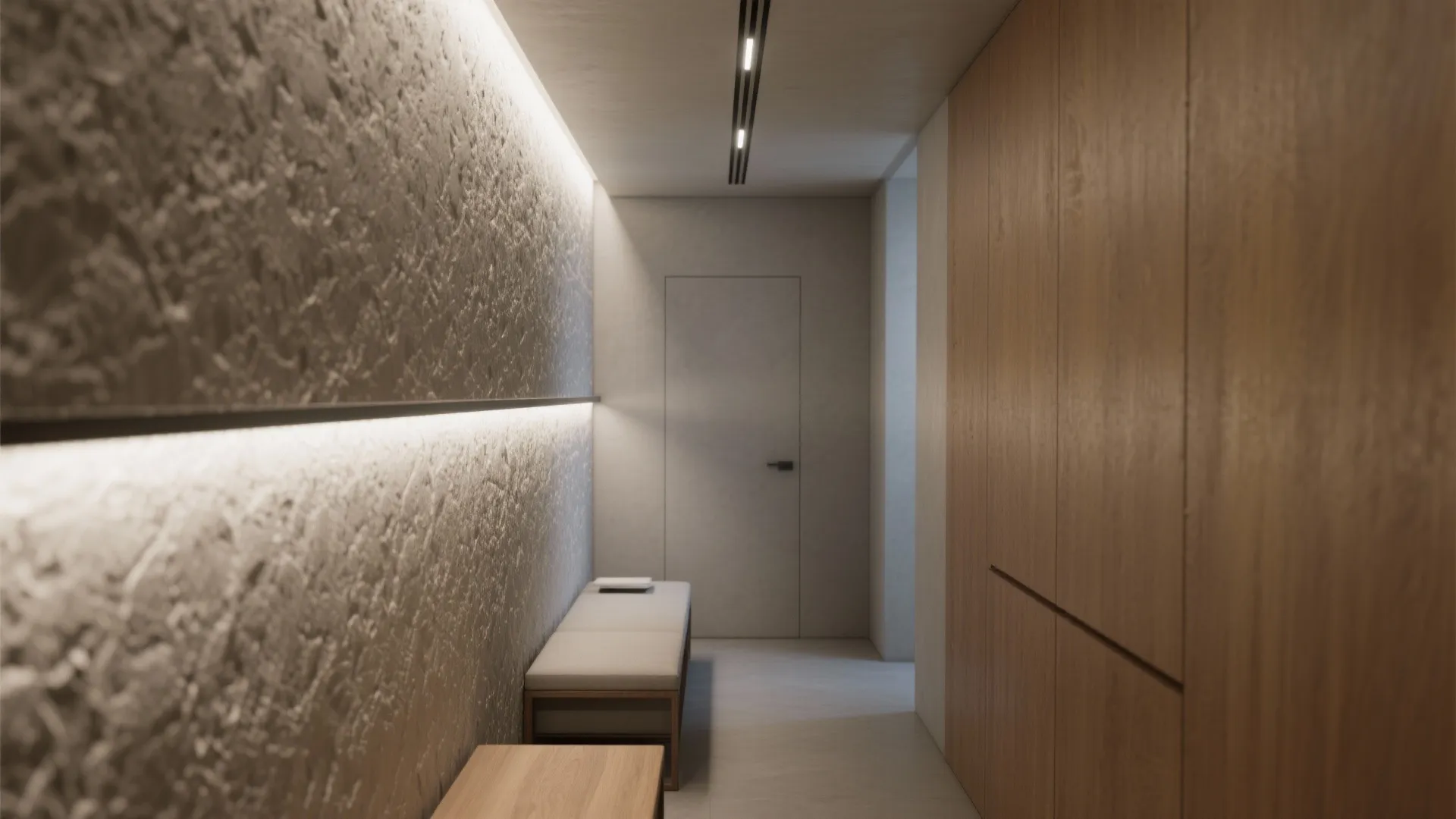 Modern hallway with hidden wall light strips wooden wardrobe and neutral bench in simple style