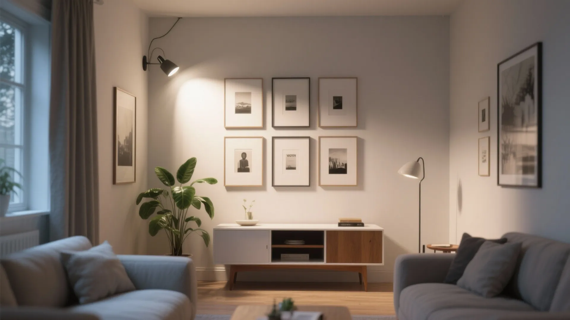 Adjustable wall washer lighting creating a soft wash over a gallery wall in a small living room.