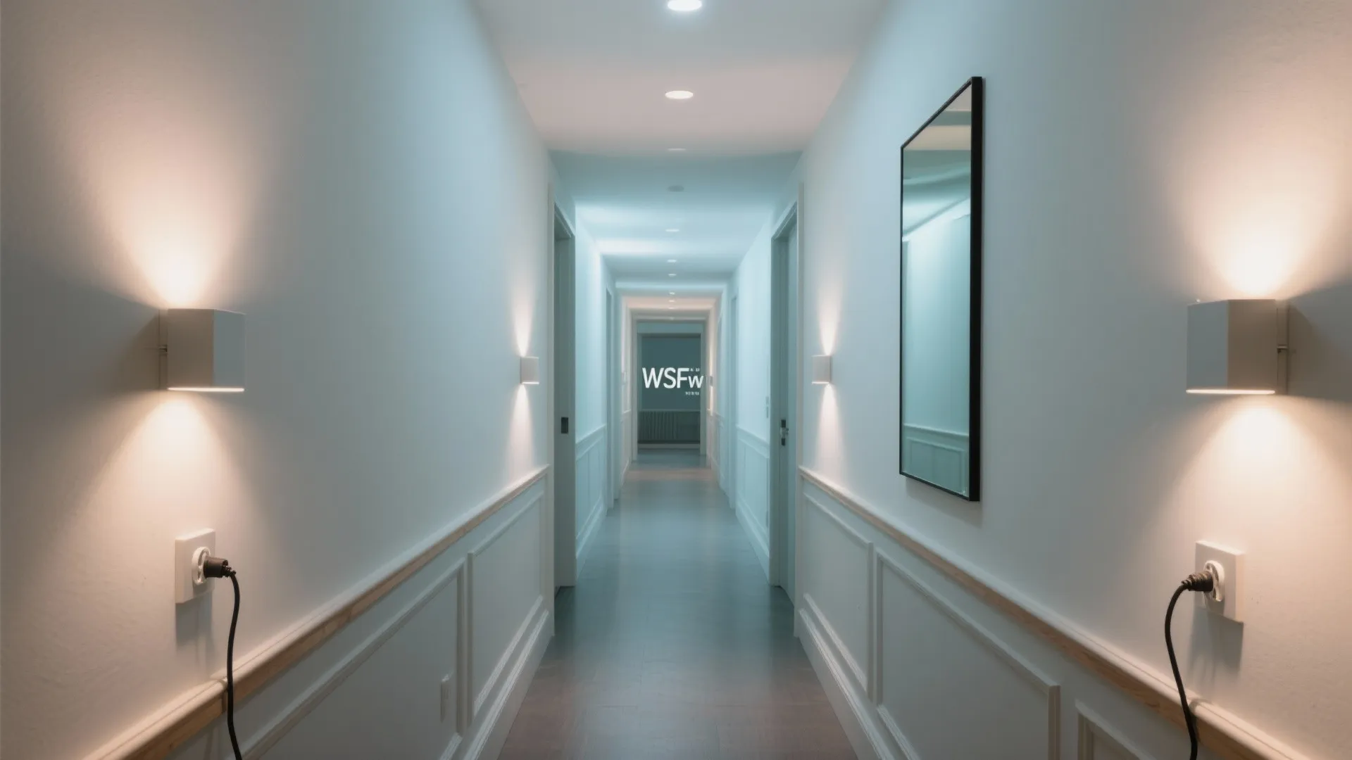 Narrow hallway with plug-in wall washers creating ambient uplight and a taller ceiling feel