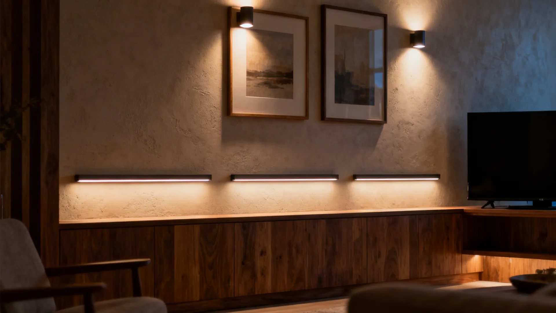 Evening scene with wall washers and picture lights highlighting art without glare.