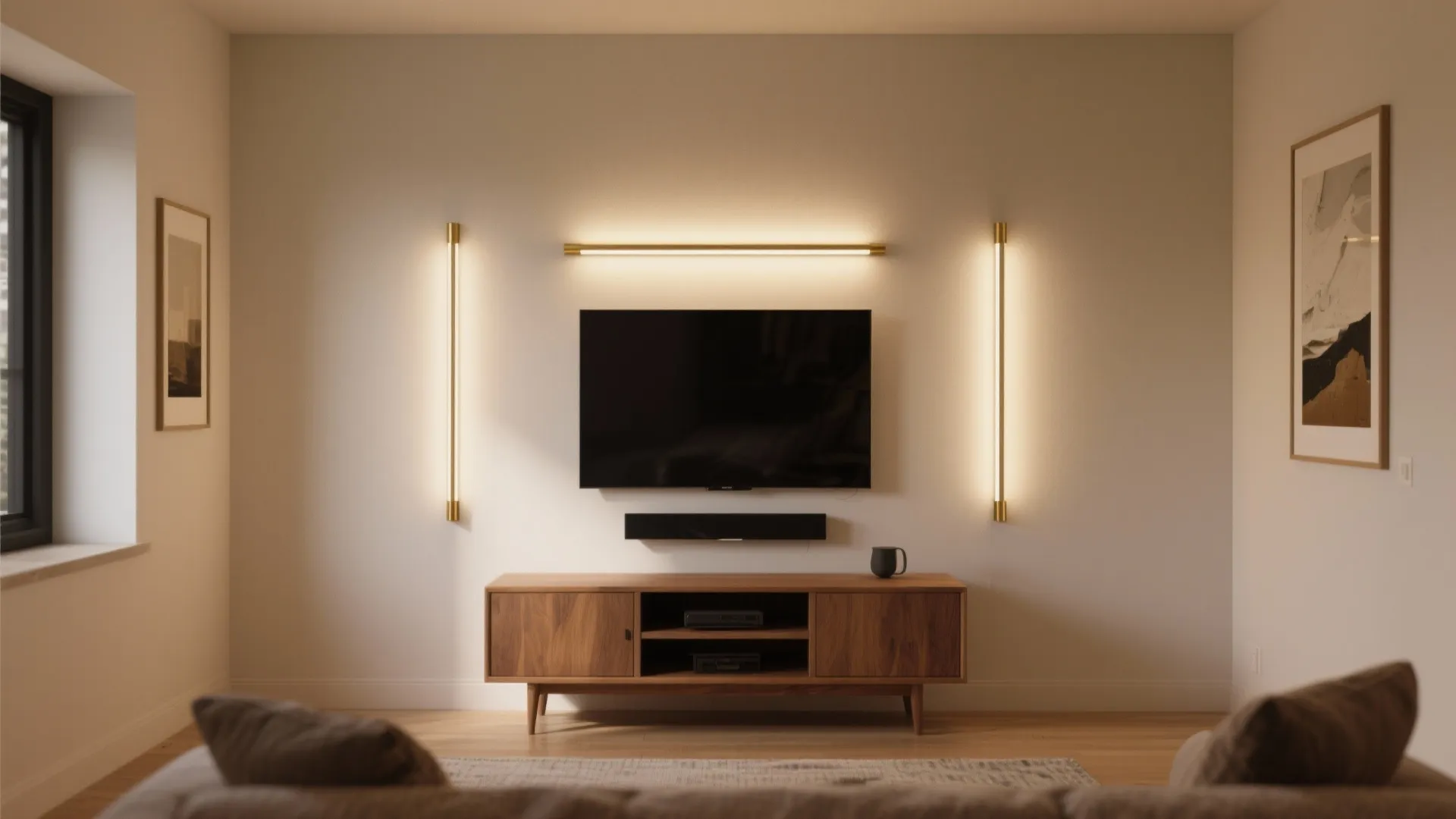 Modern living room with a wall light fixture around the television and wooden storage cabinet