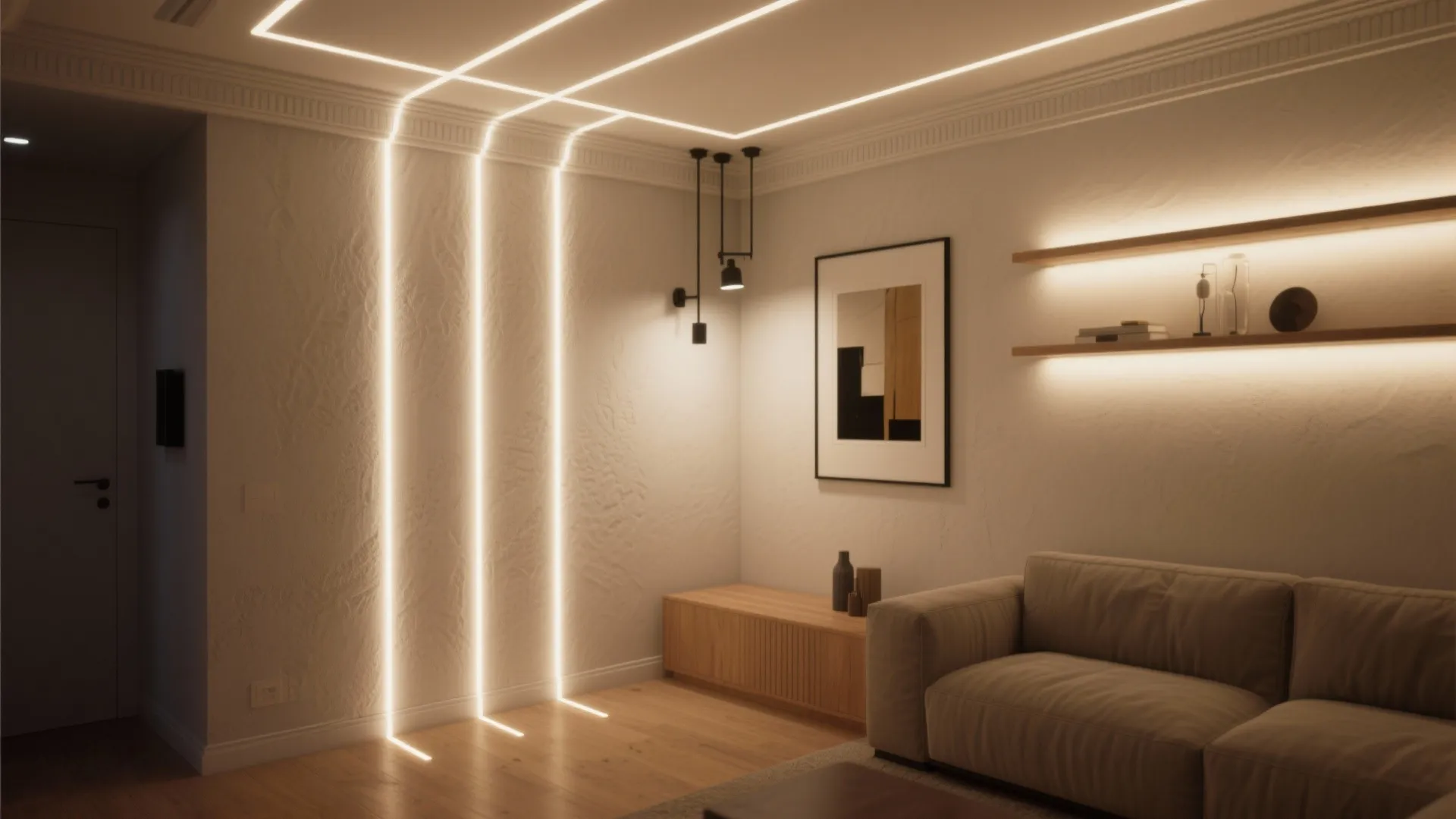Modern living room featuring glowing light strips on the wall and ceiling with beige sofa