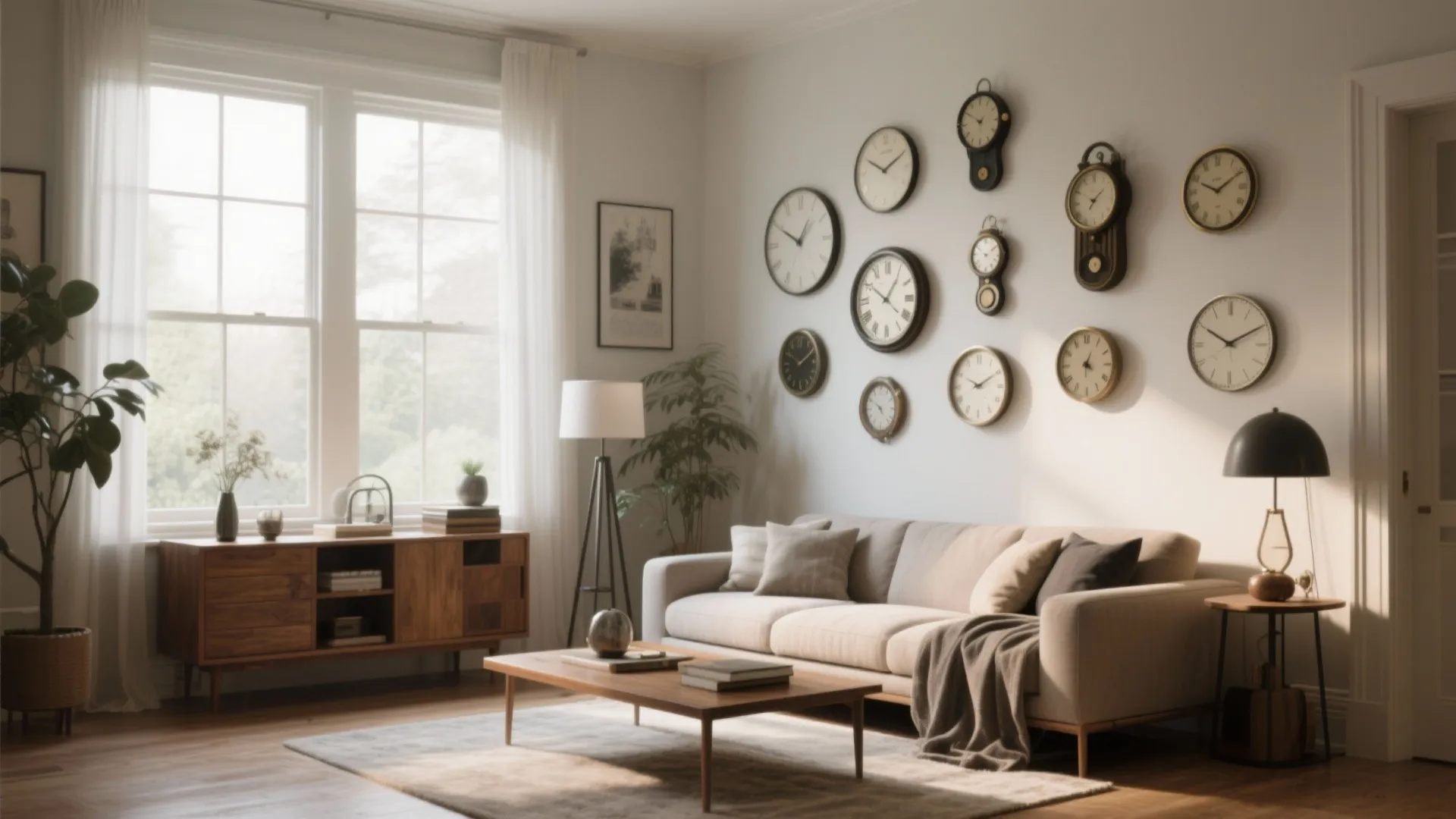 Bright living room with beige sofa wooden coffee table and many different clocks on white wall