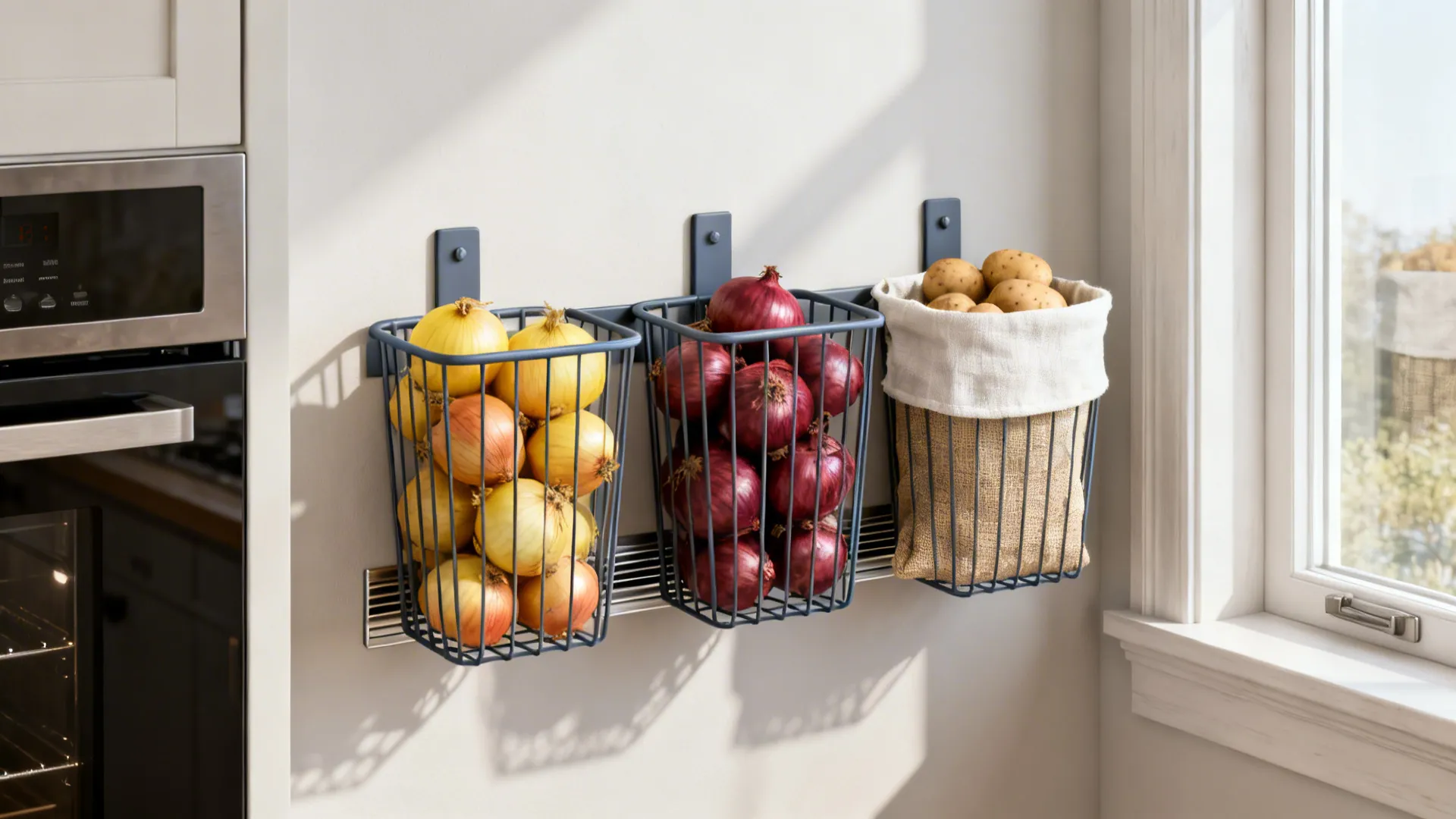 Wall-mounted wire baskets on a cool interior wall separate yellow onions, red onions, and potatoes with breathable liners.