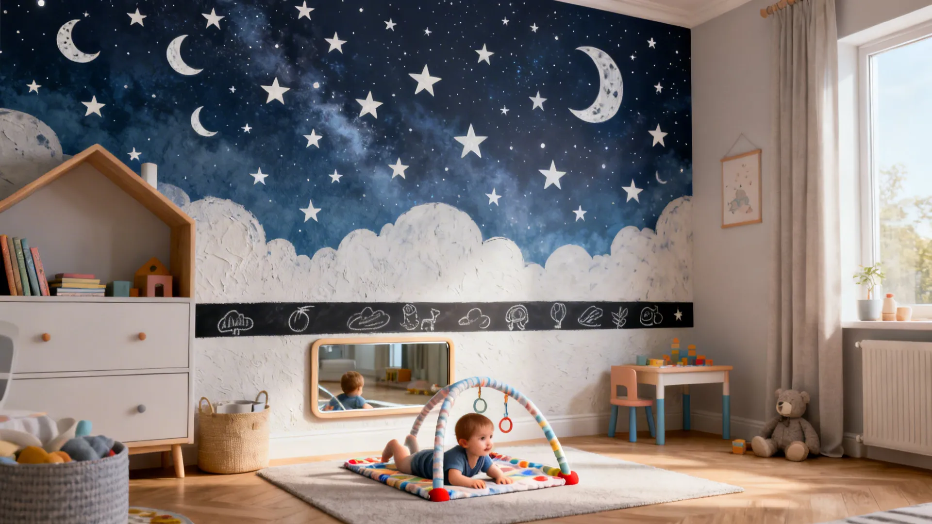 Baby playing on floor mat in nursery with night sky wall art mirror and furniture