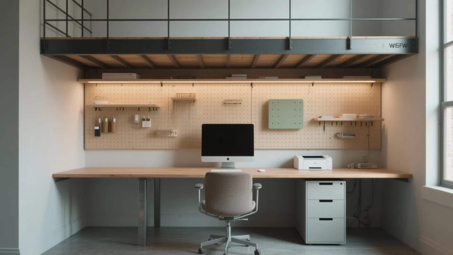 Wall-to-wall loft with a shallow 24-inch desk, pegboard storage, hidden printer cubby, and soft LED task lighting.