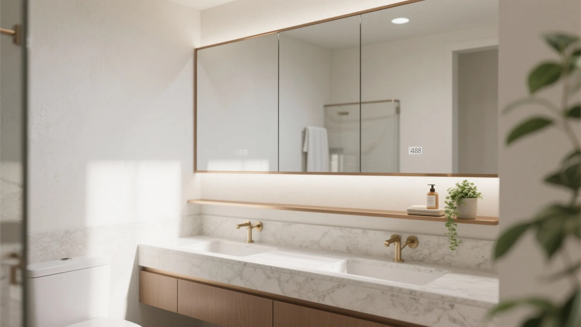 Spacious double vanity bathroom with large mirror cabinet marble countertop two sinks and gold taps