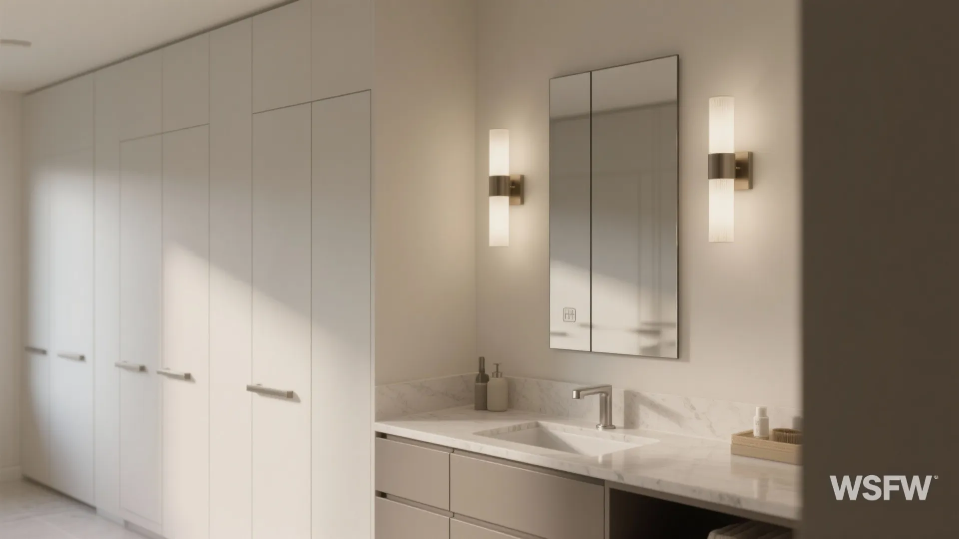 3) Wall‑to‑Wall Vanity With Recessed Cabinets