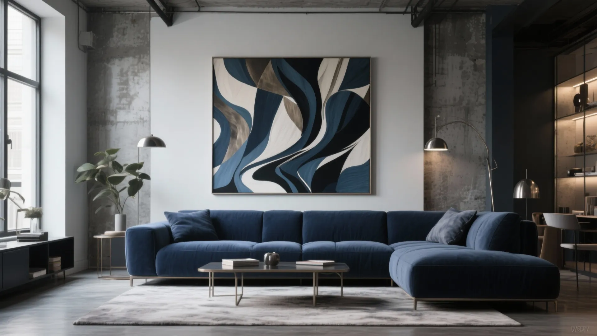 Large abstract wall art above a dark navy sofa