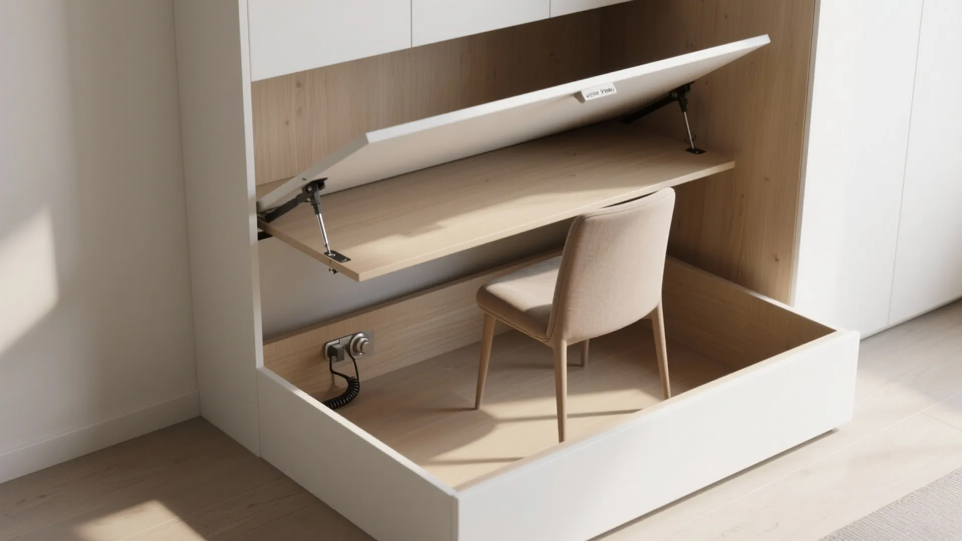 Modern white wall cabinet with integrated wooden desk and beige chair for compact home office