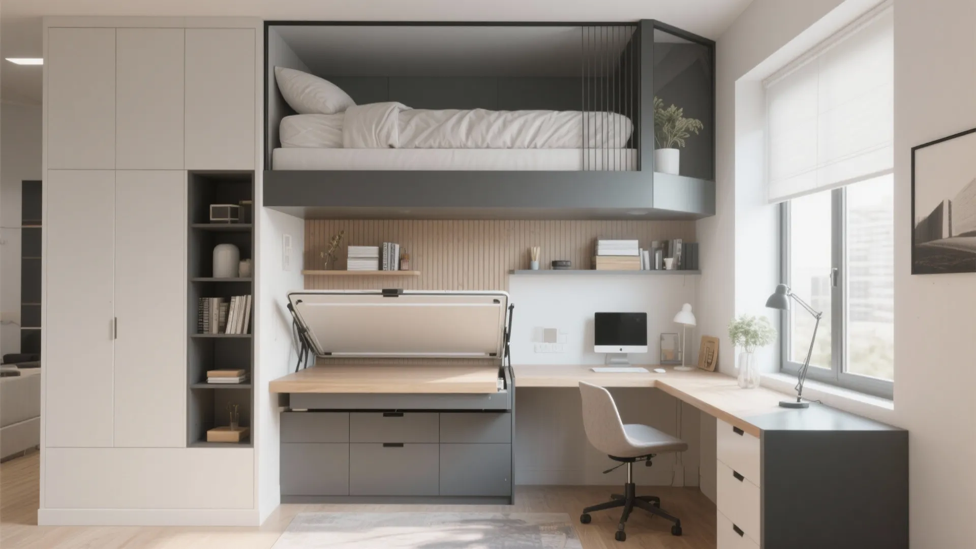 Modern small bedroom featuring a bunk bed above a wooden desk with chair and computer