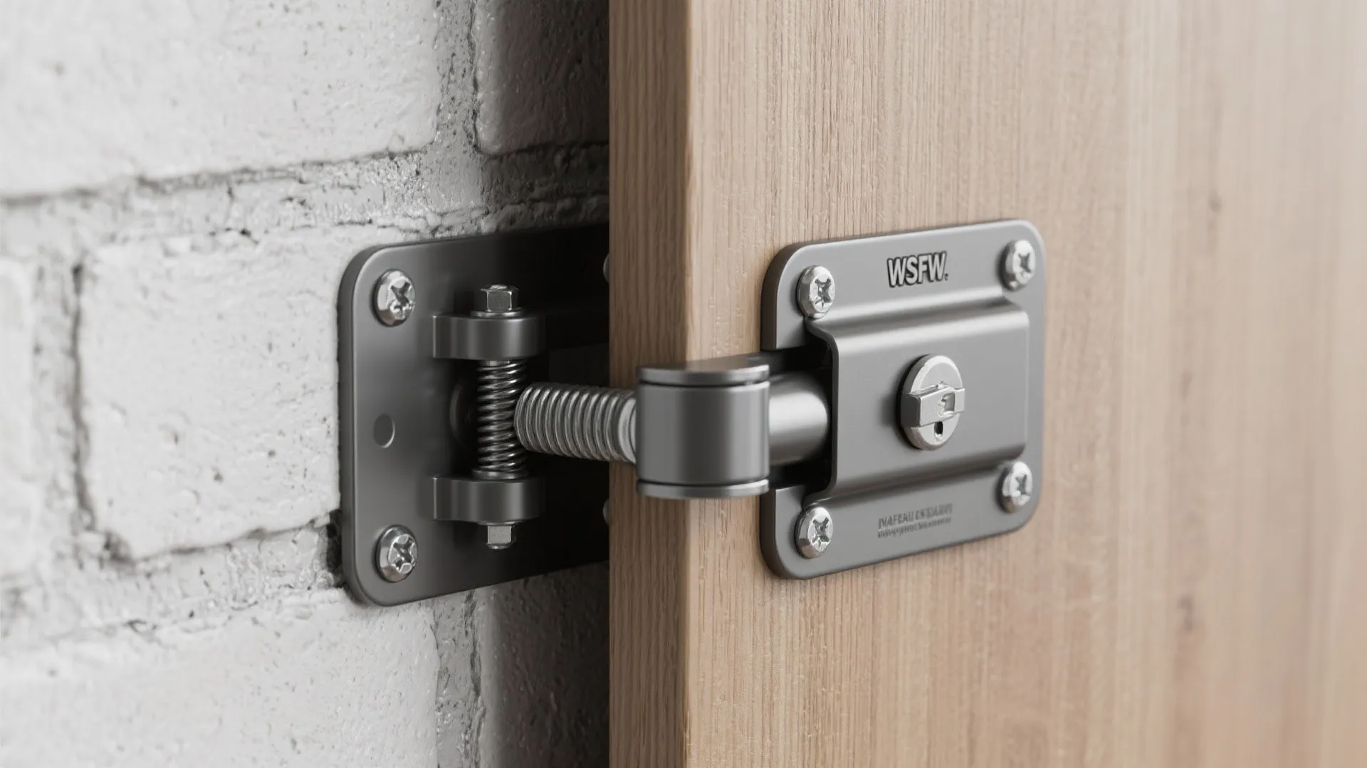 Metal wall bed hinge hardware connecting a wooden door panel to a white brick wall