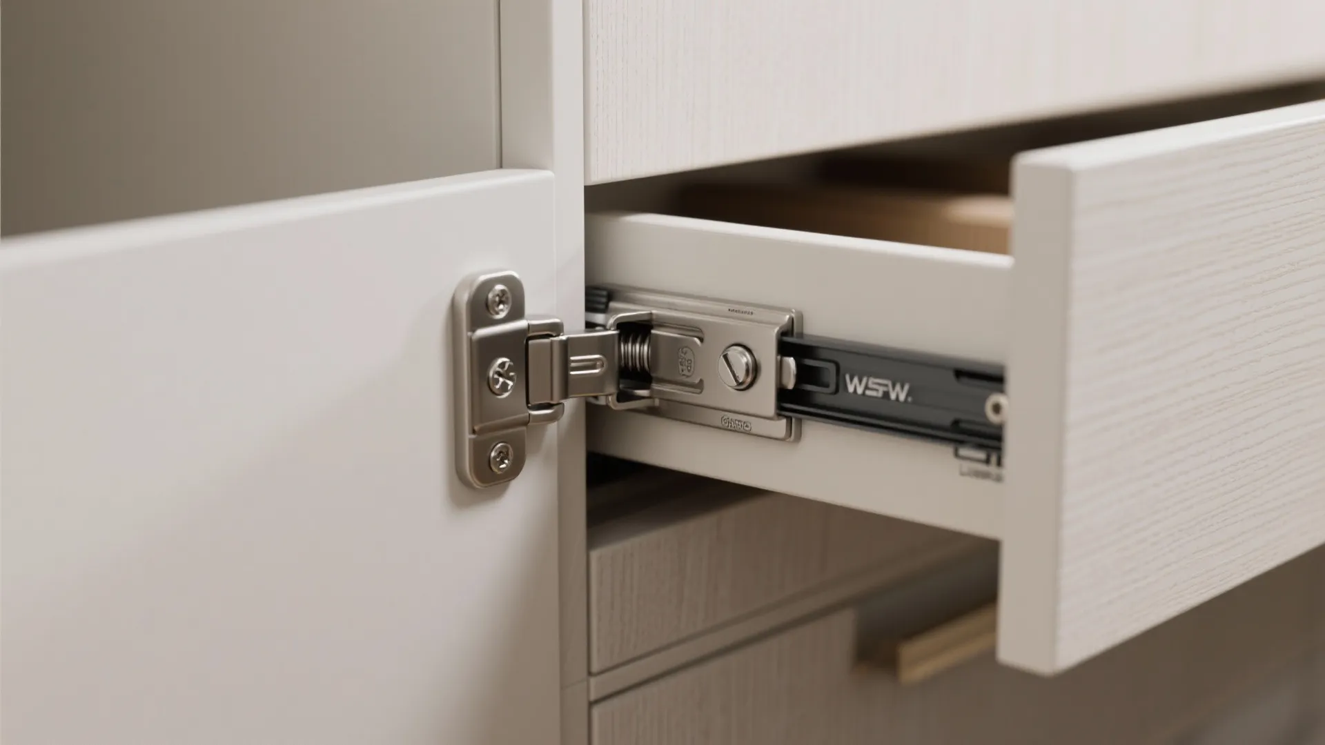 Macro of wall bed hinge and gas strut with clean cabinet detailing.