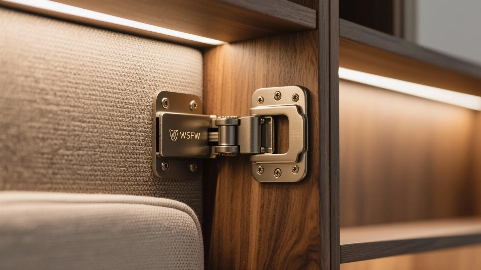 Metal hinge mechanism installed on a wood cabinet door with warm led light strip and fabric