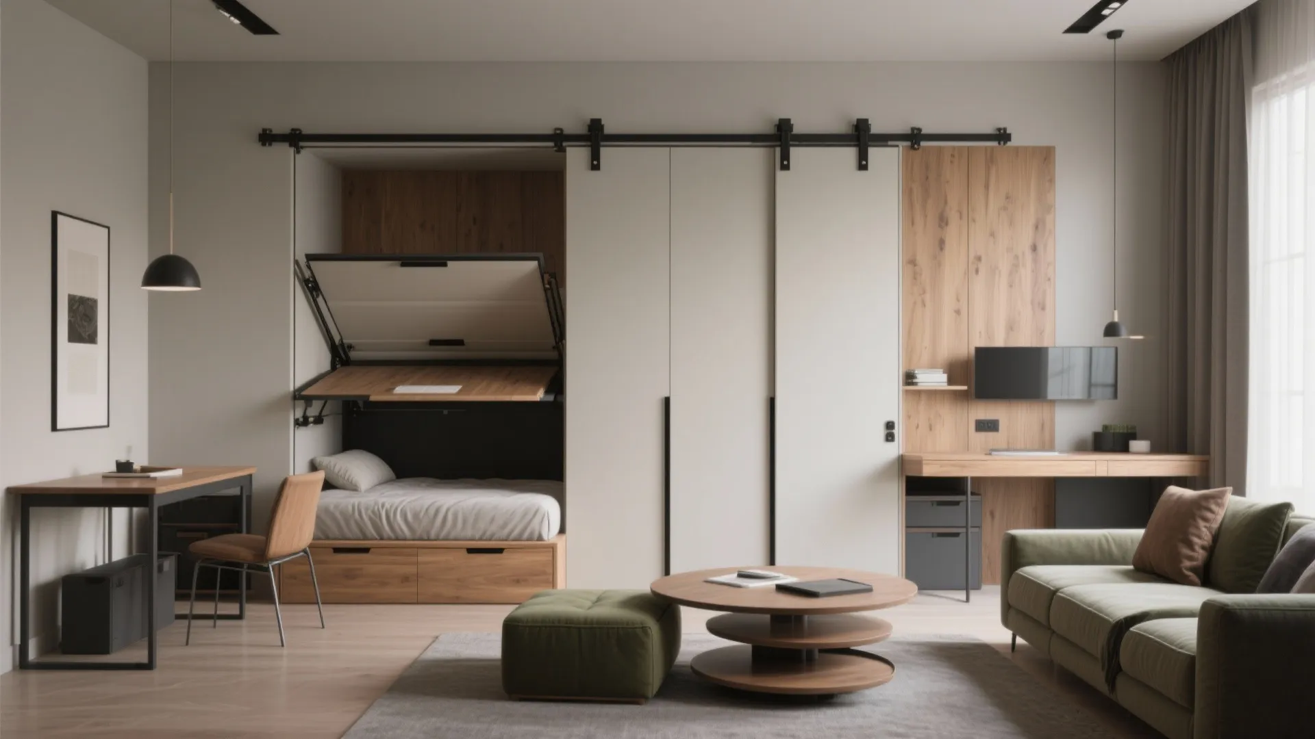 Modern room with fold down wall bed sliding doors green sofa and wooden coffee table