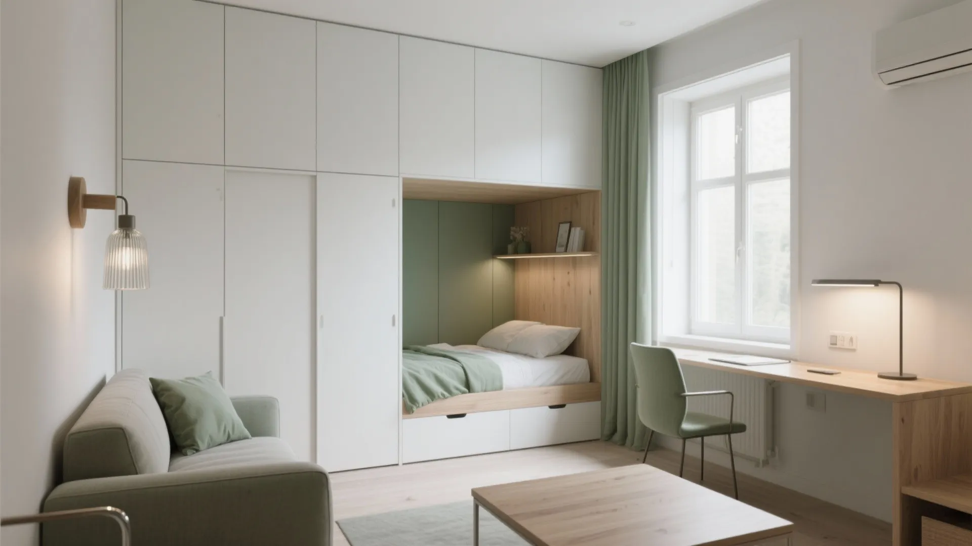 Bright bedroom design with white wall cabinet integrated bed wooden desk and a green chair