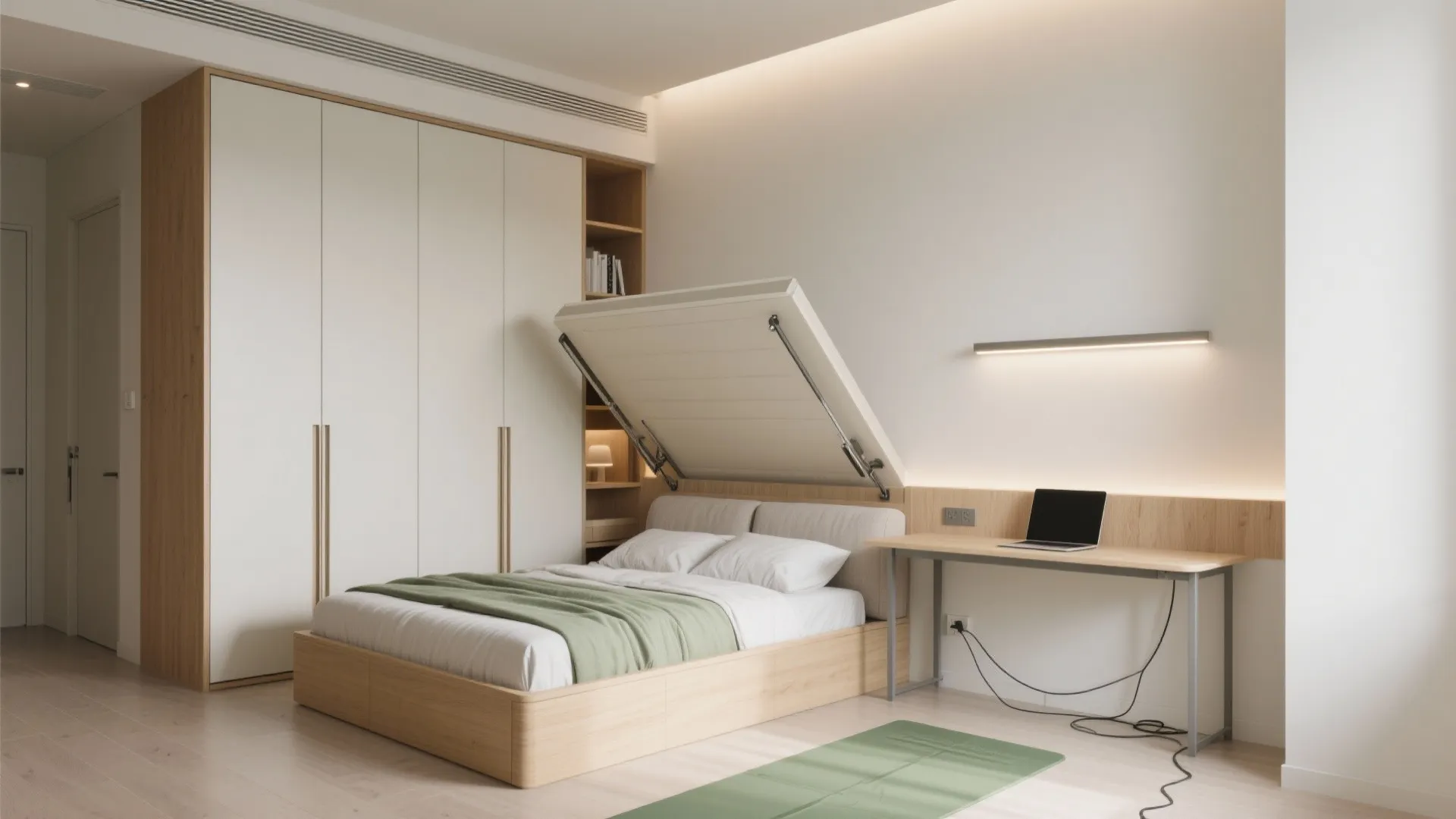 Bedroom one: Wall bed + wardrobe wall for true multi-function