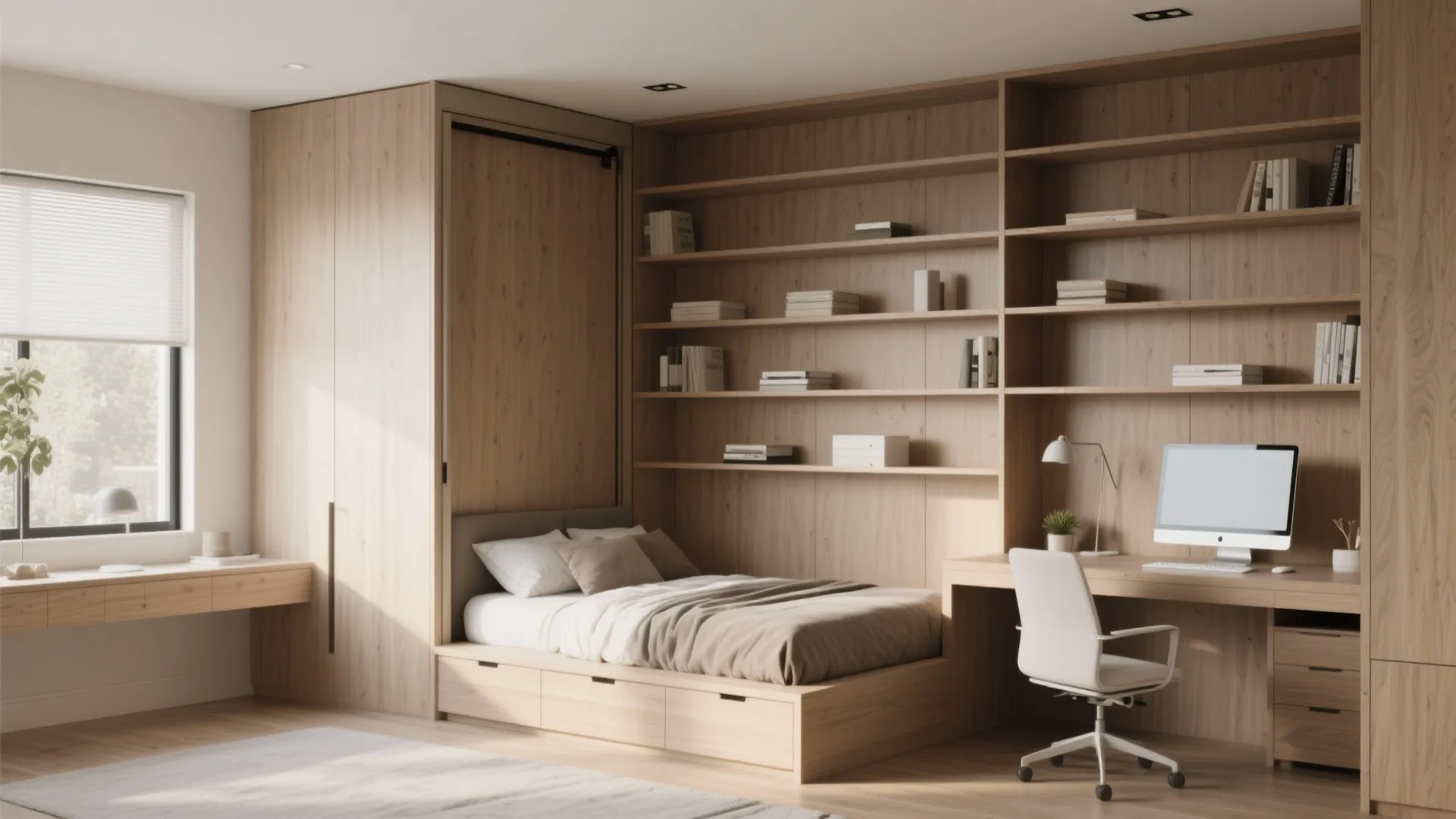Wall-to-wall built-in Murphy bed with shelving in home office