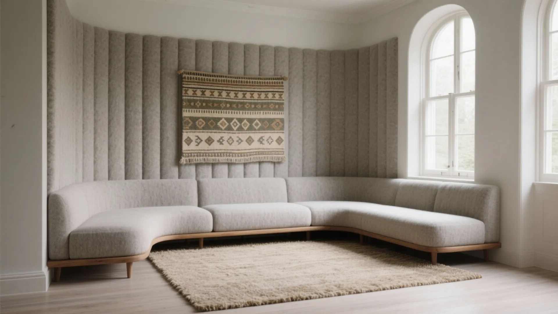 Curved sofa with grey wall panel and patterned wall hanging next to large arched window