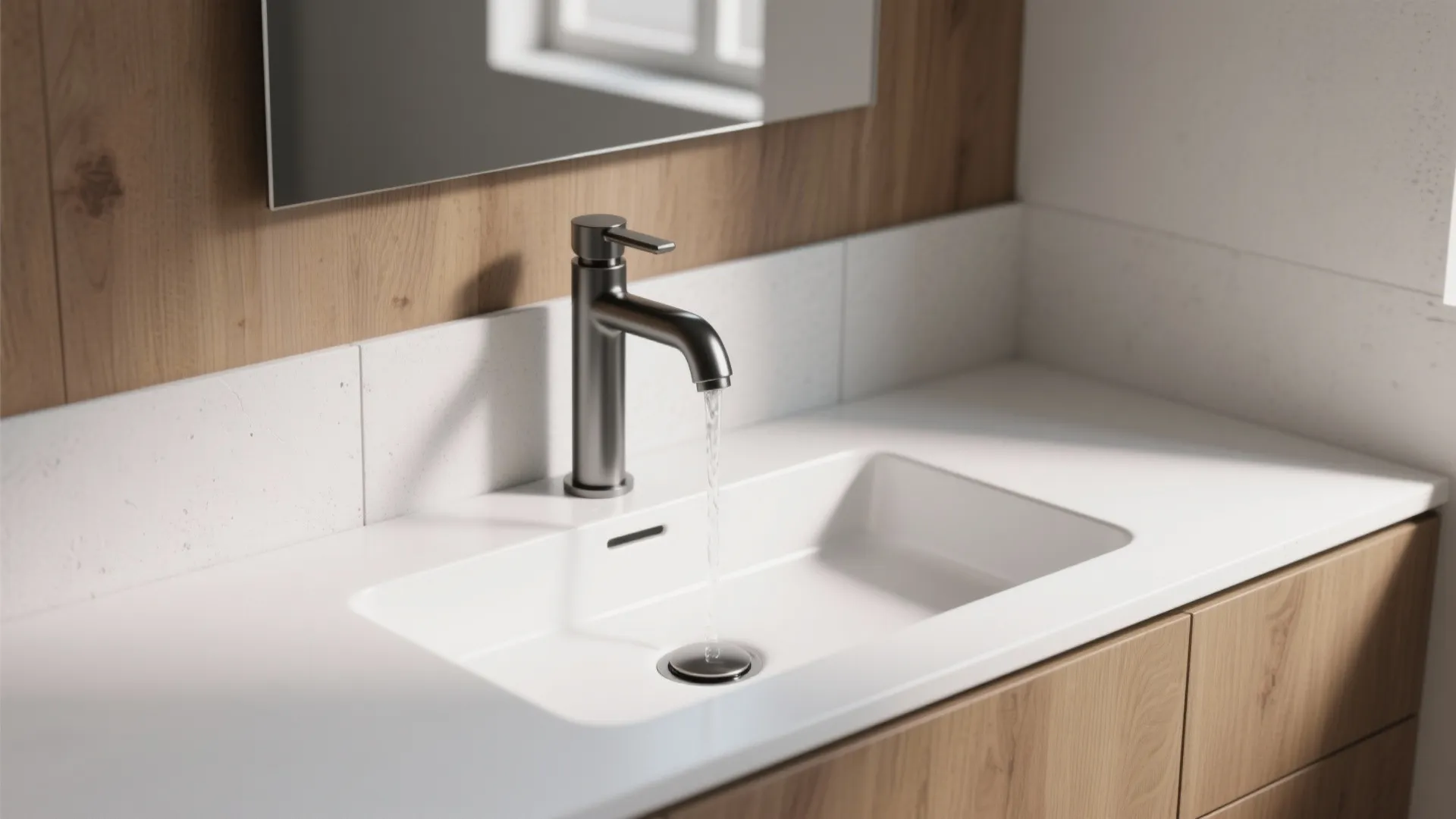 Modern silver faucet with running water into a white sink above a wooden cabinet storage