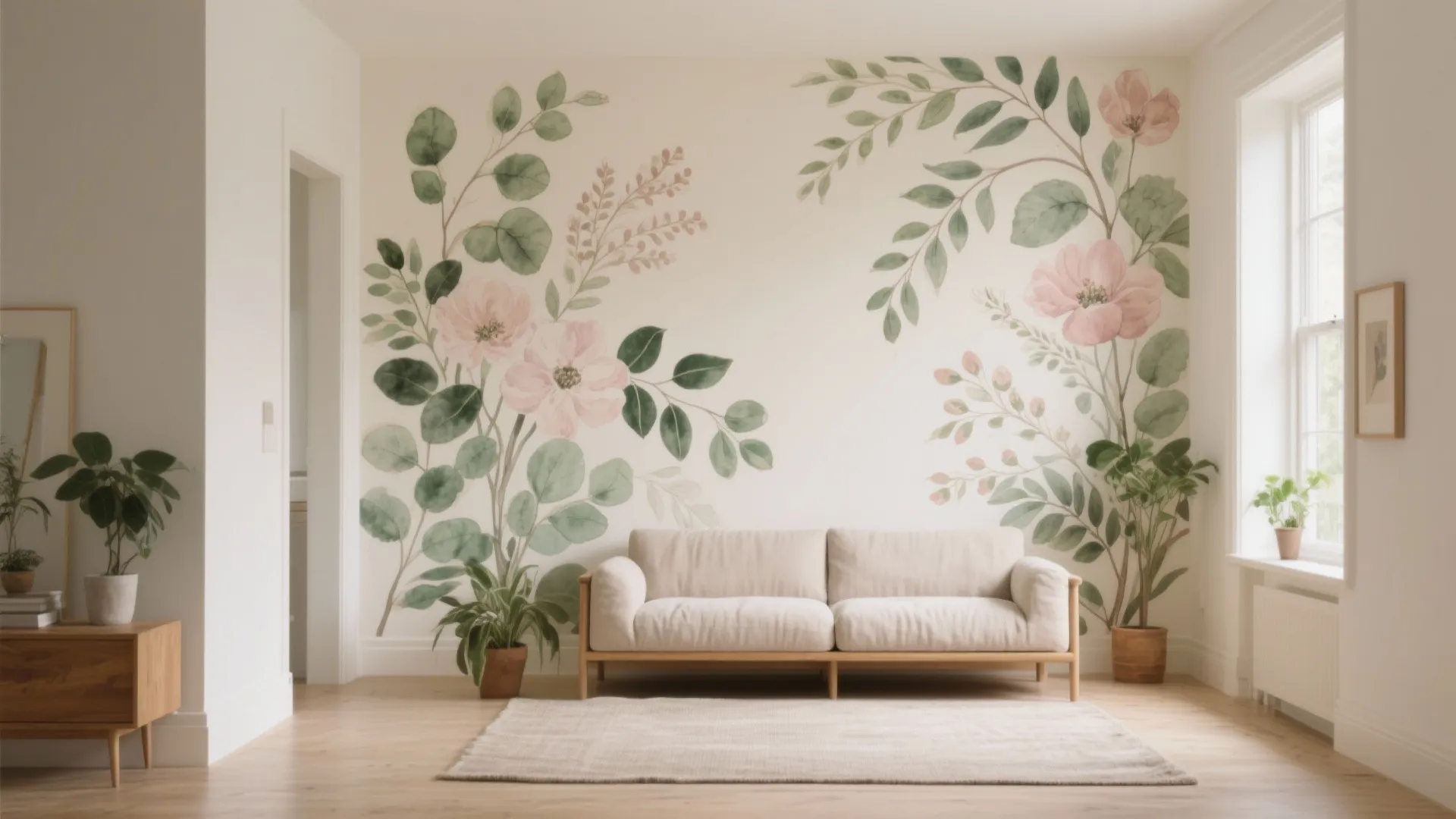 Bright living room with cream sofa and large watercolor floral wall mural behind wooden floor