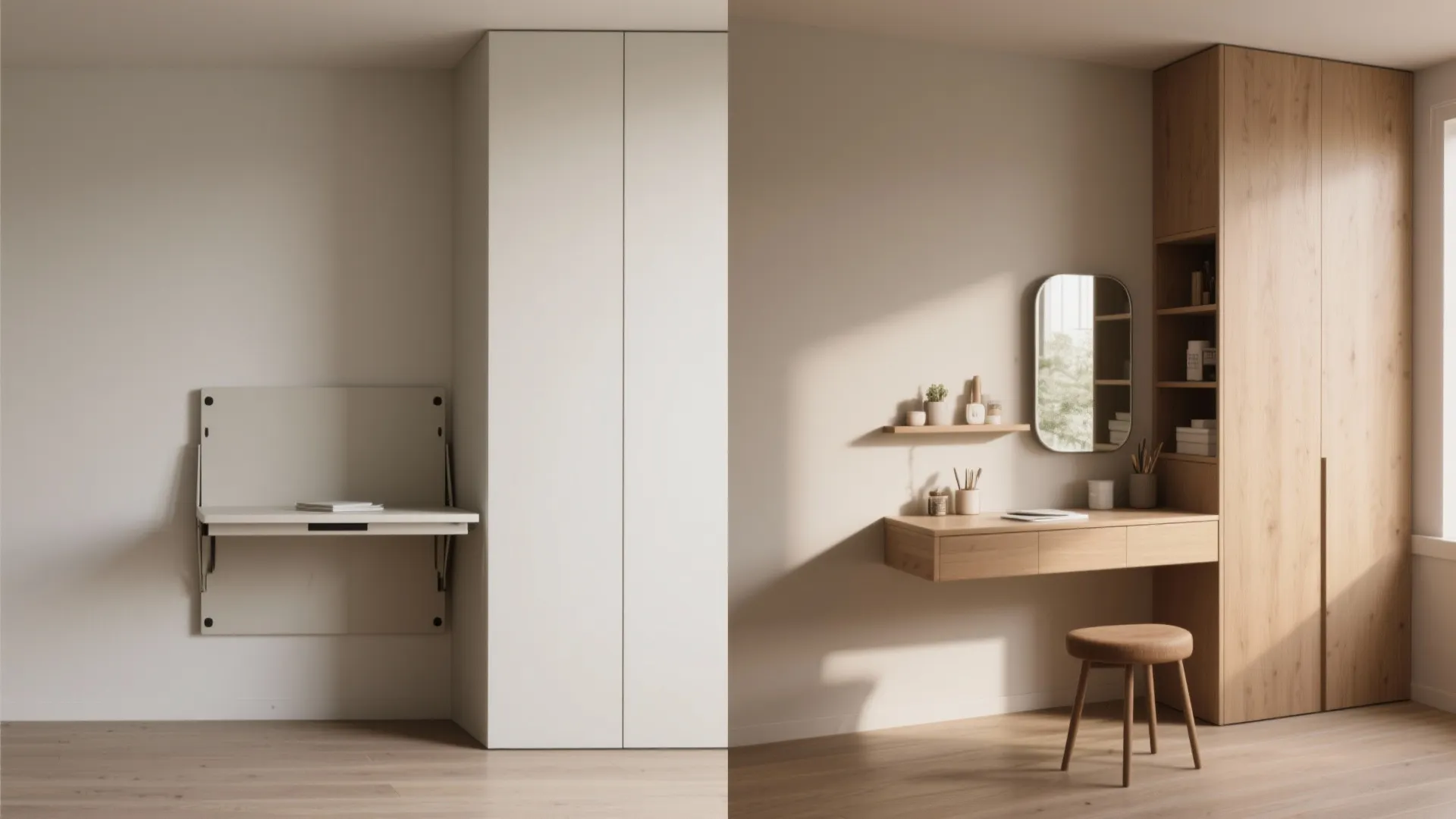 Before and after comparison of a white folding wall desk and a wooden vanity setup