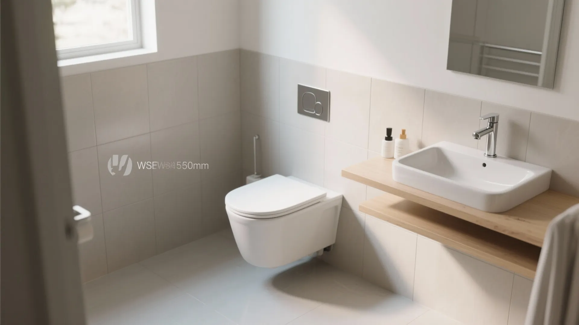 Minimalist bathroom featuring a white toilet white sink on wood shelves and grey wall tiles