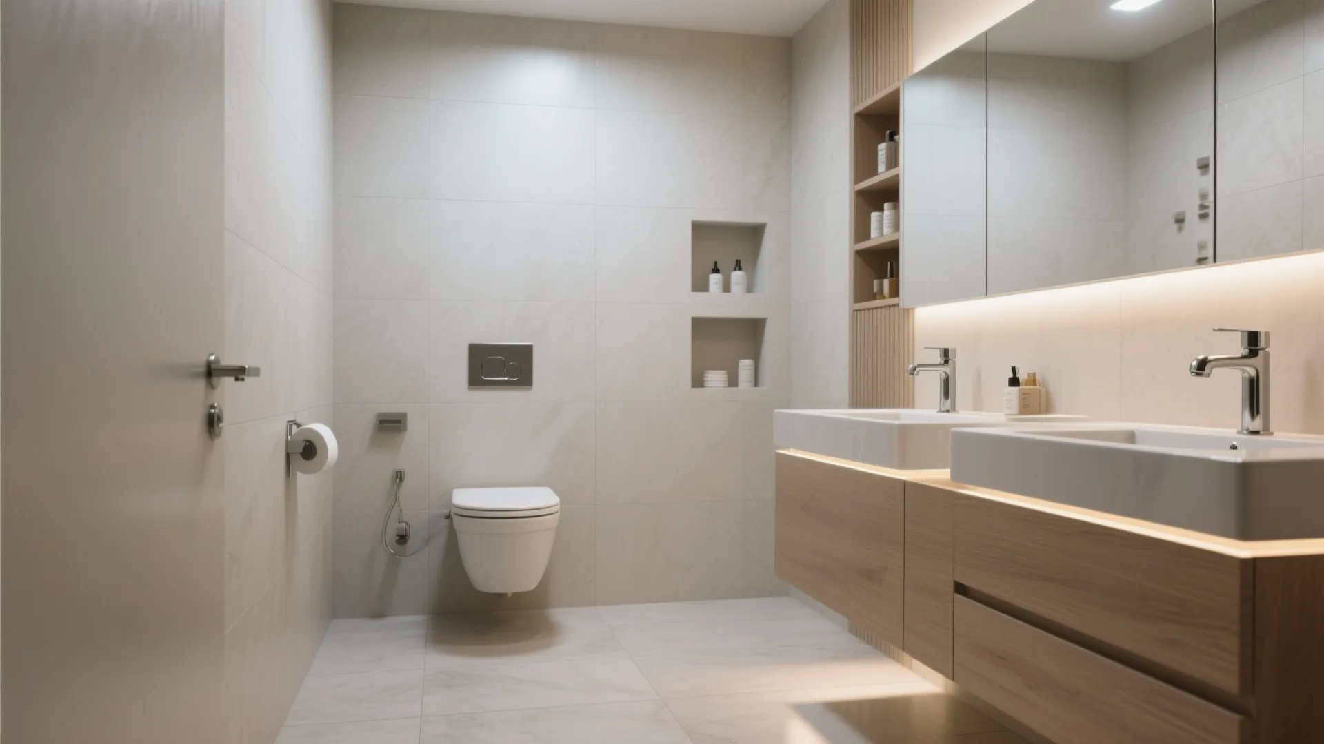 4) Two-Bath Optimization: Wall-Hung Fixtures and Light Tiles