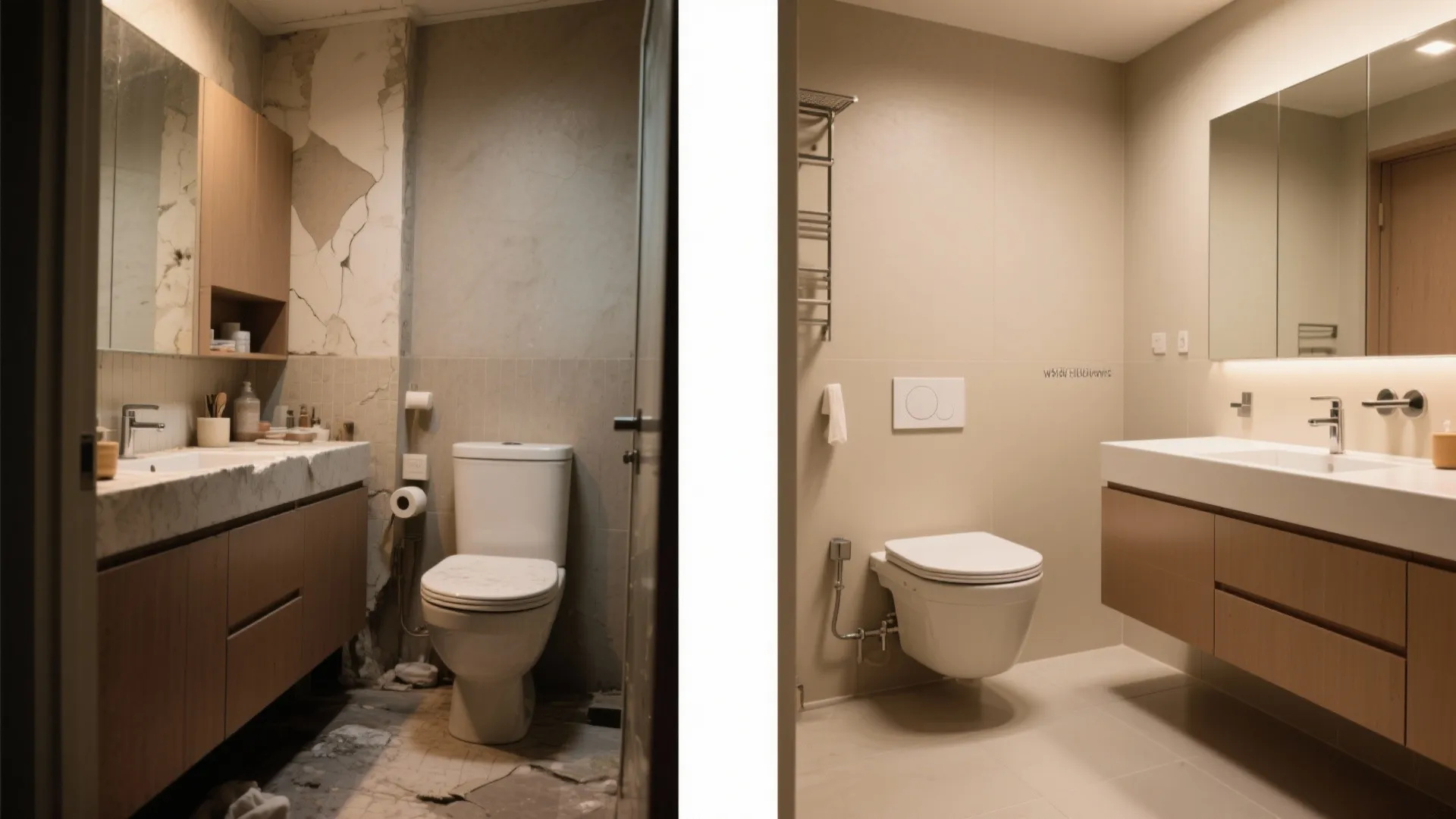 Before-and-after of a small bathroom upgraded to a wall-hung WC and slim wall-hung vanity for more visible floor.