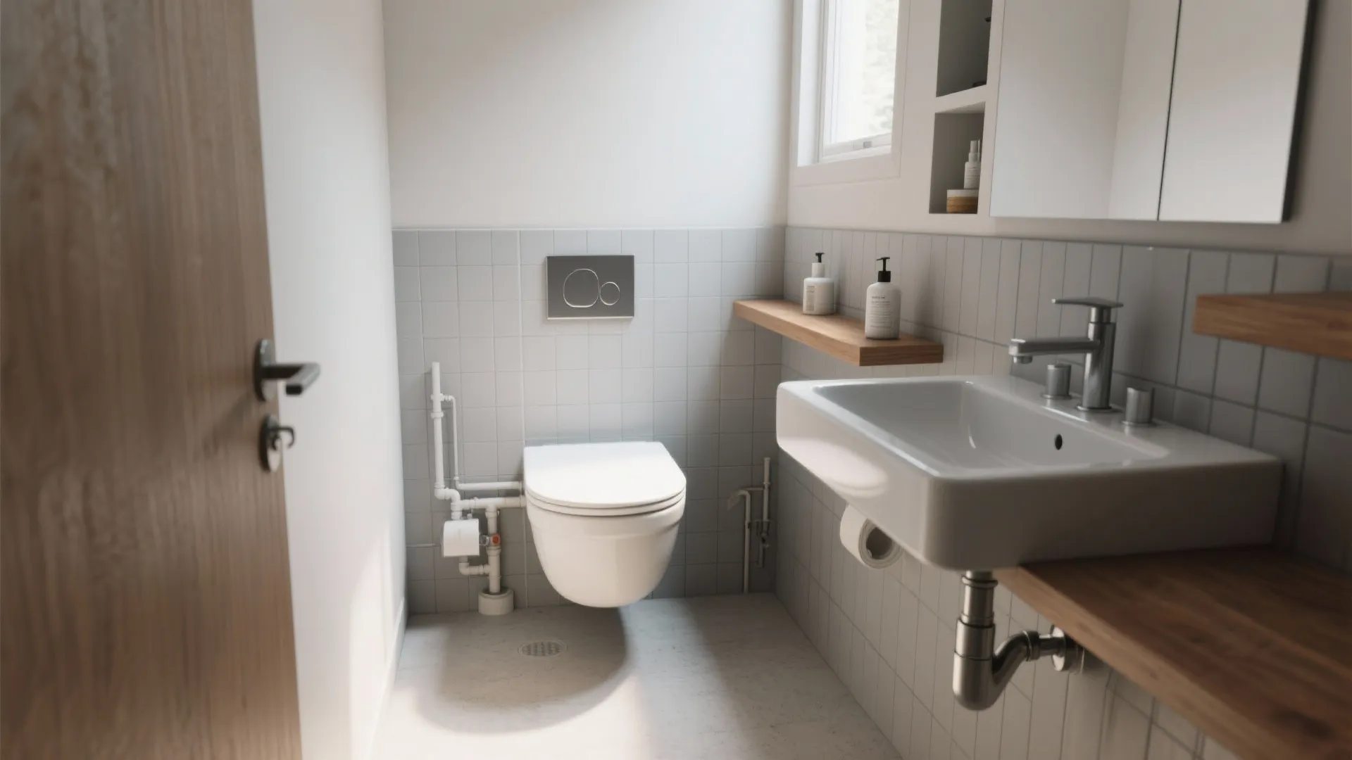 Modern small bathroom design with white toilet wall hung sink wooden shelf and grey tiles