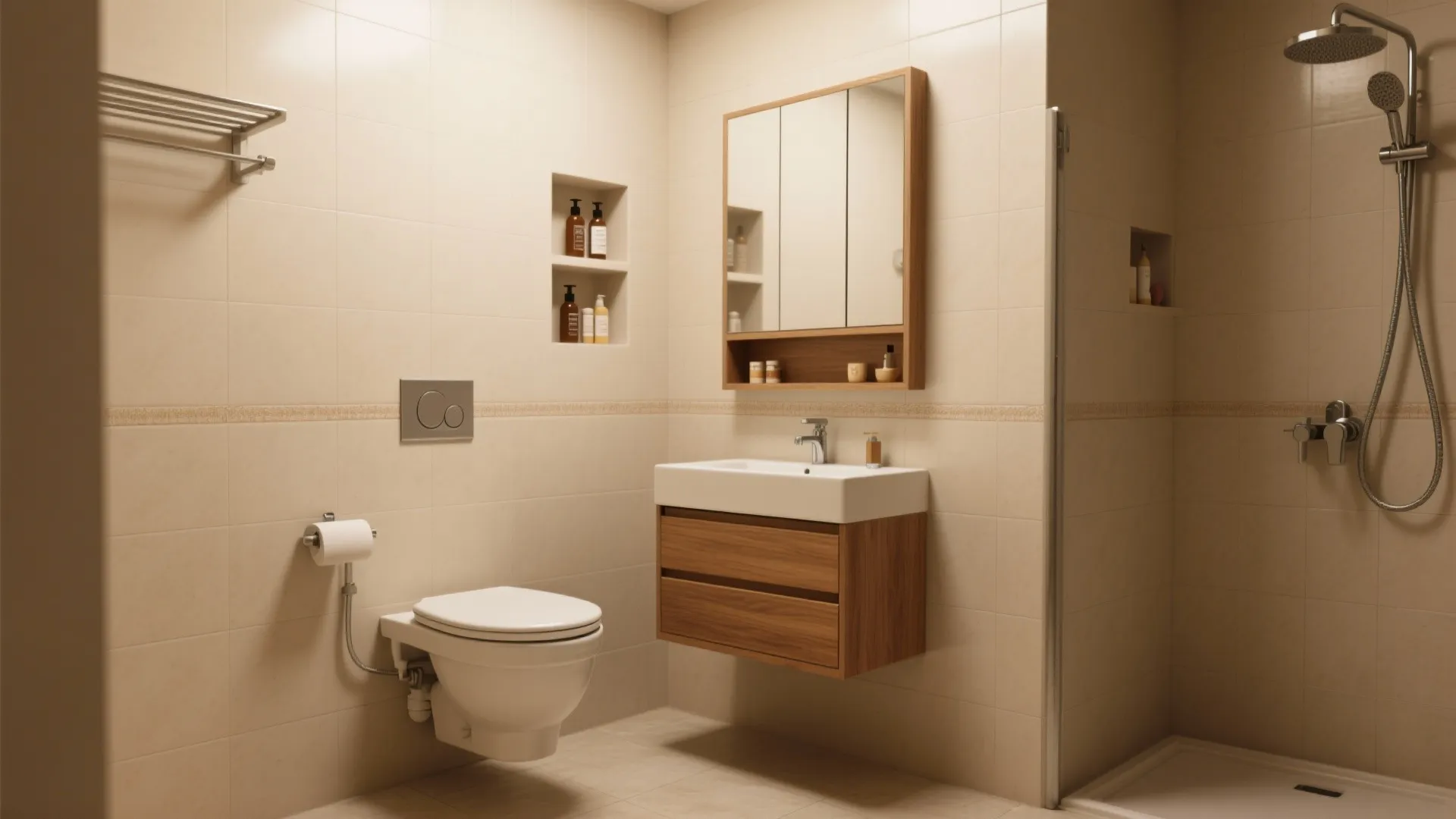 Neutral bathroom featuring wall hung toilet wooden vanity cabinet mirror with shelves and silver shower head