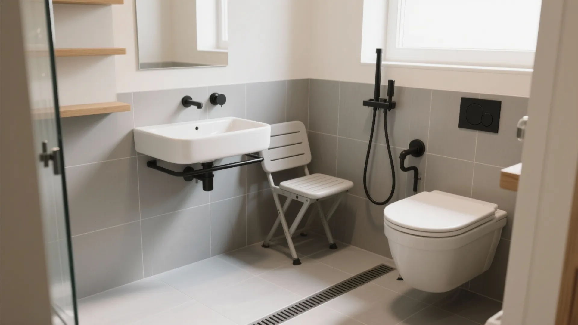 Wall-Hung Basin, Toilet, and Fold-Down Seat