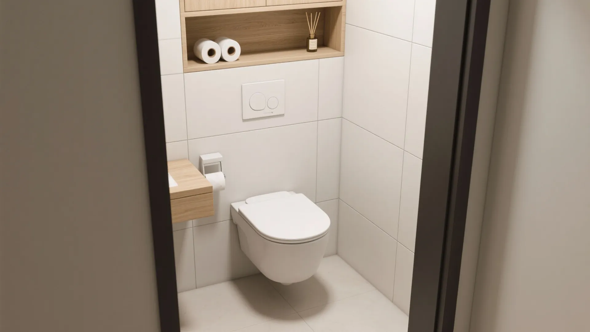 Small white bathroom featuring wall hung toilet wooden shelf toilet paper and clean tile walls