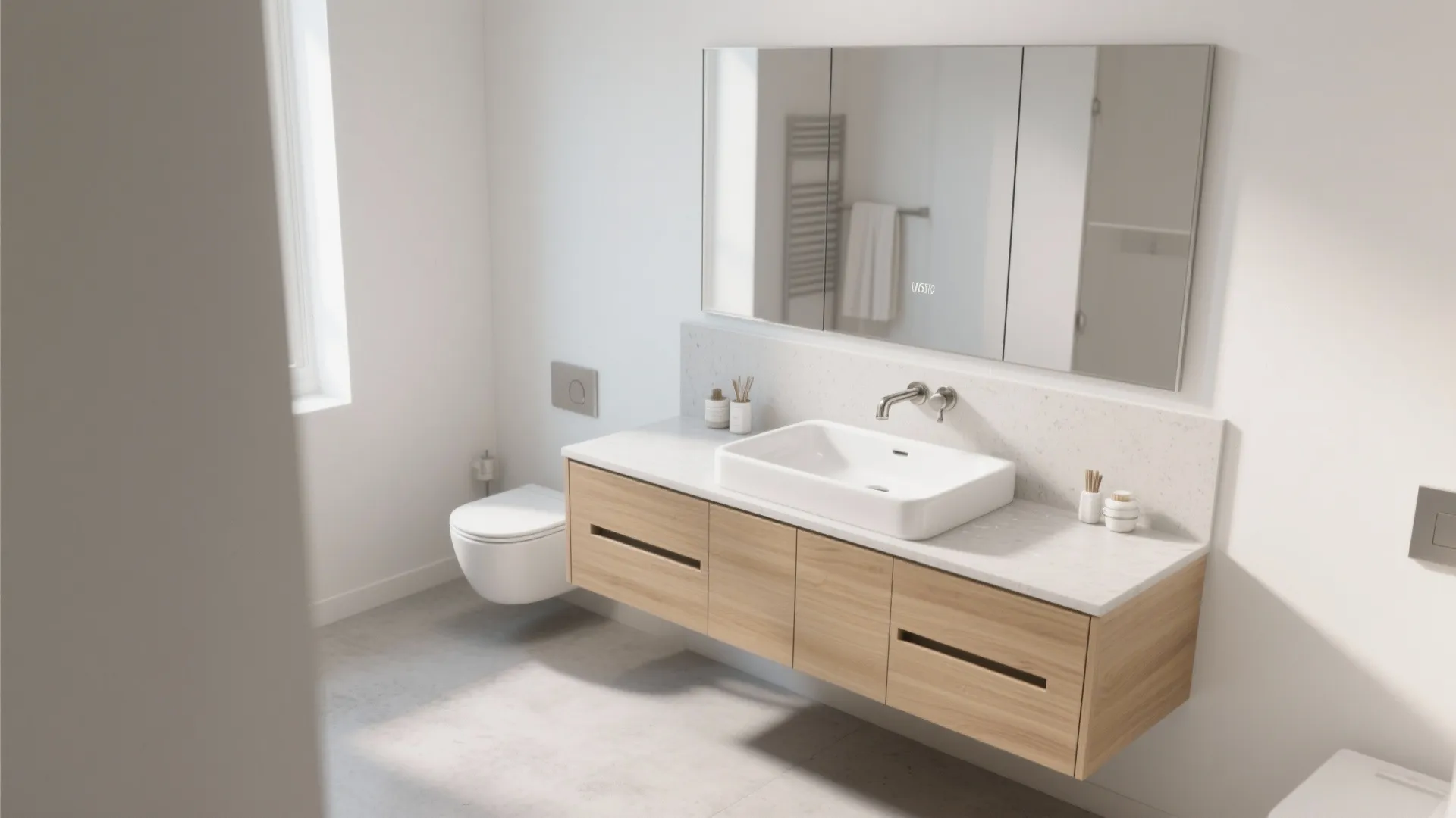 Modern bathroom featuring a floating wooden cabinet, white sink, large mirror, and wall hung toilet