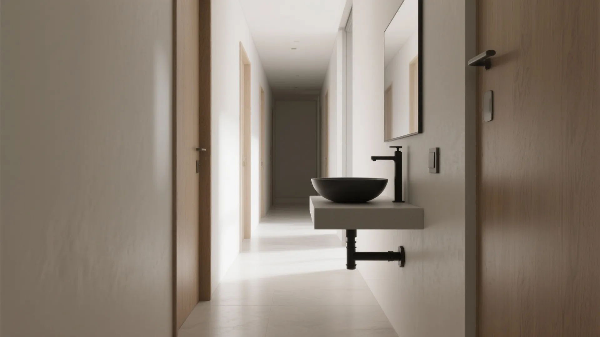 Narrow hall with floating wall-hung basin, hidden plumbing chase, matte ceramic sink, and visible floor for airy feel.