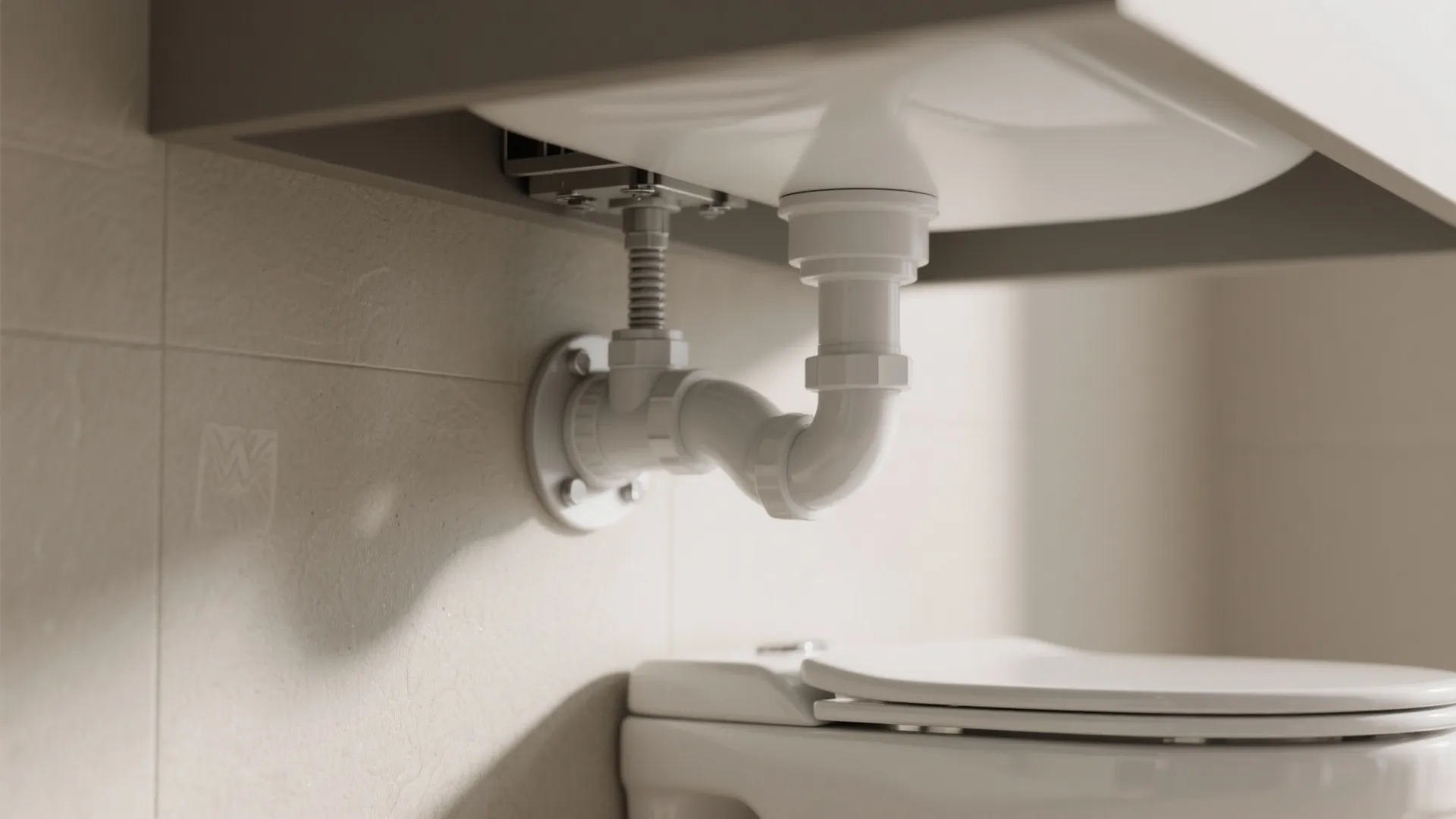 Close up view of white sink drain pipes installed on a wall above a toilet