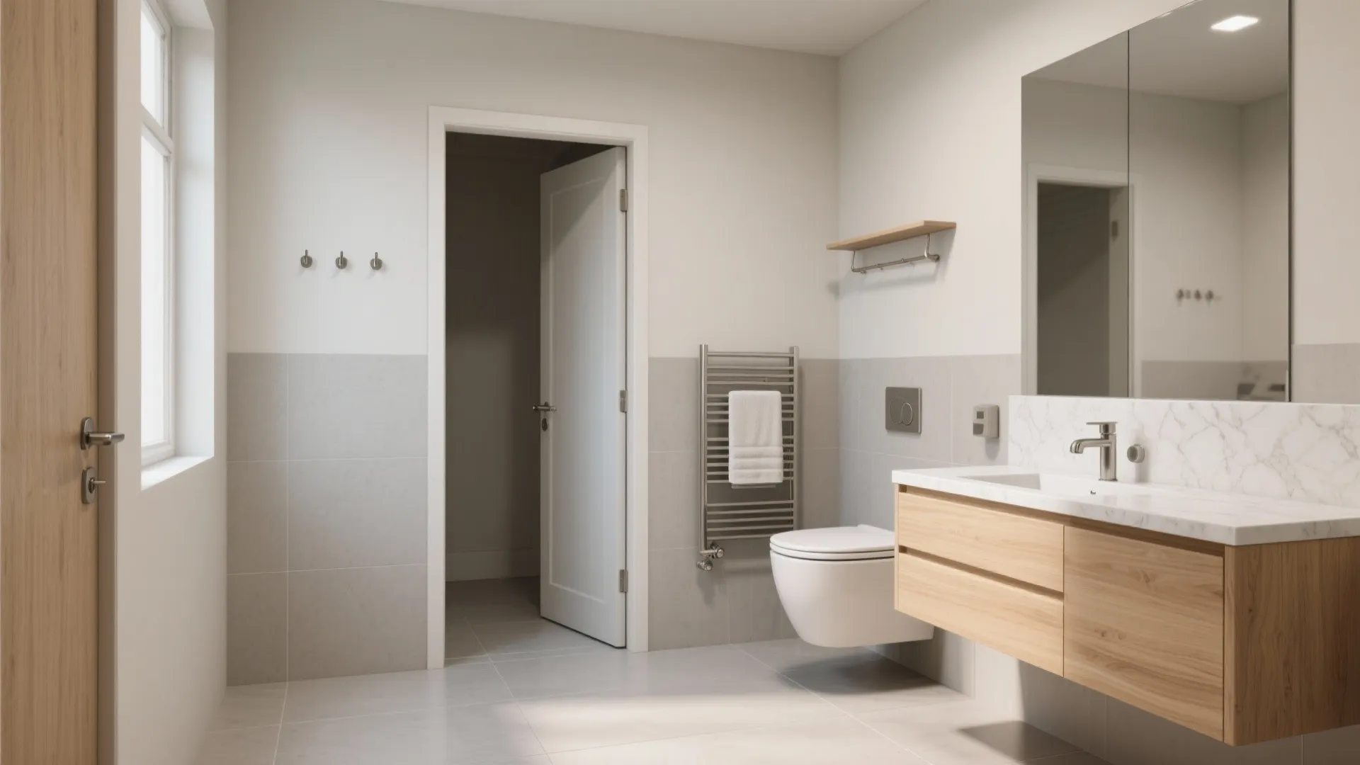 Wall-hung fixtures and a pocket door