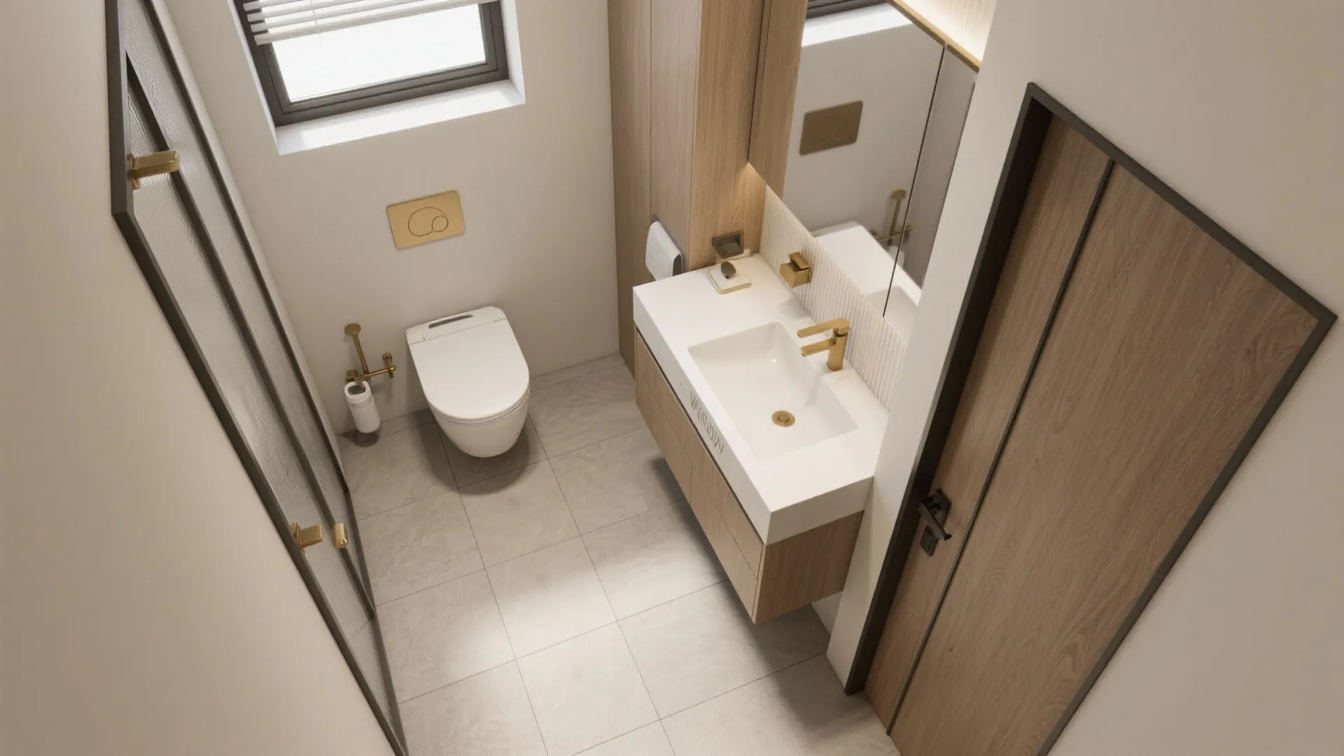 Small modern bathroom with white toilet wood cabinet white sink gold tap and grey floor